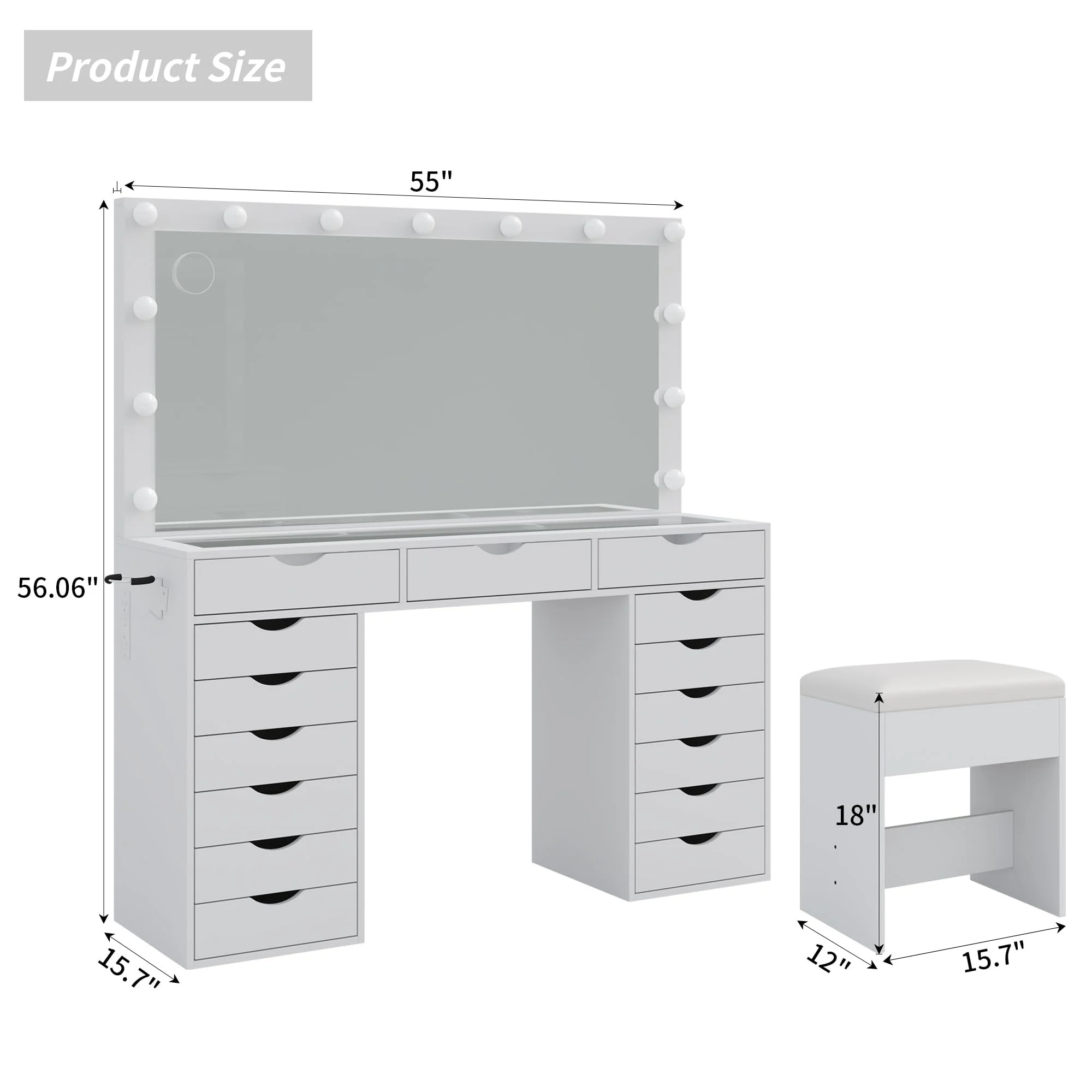 Yanosaku 15 Drawers Vanity Desk with Power Outlet, Makeup Table with Mirror and 13 LED Lights, 3 Color Lighting Modes, Brightness Adjustable, Glass Top Dressing Table, Vanity Set for Bedroom - Image 9