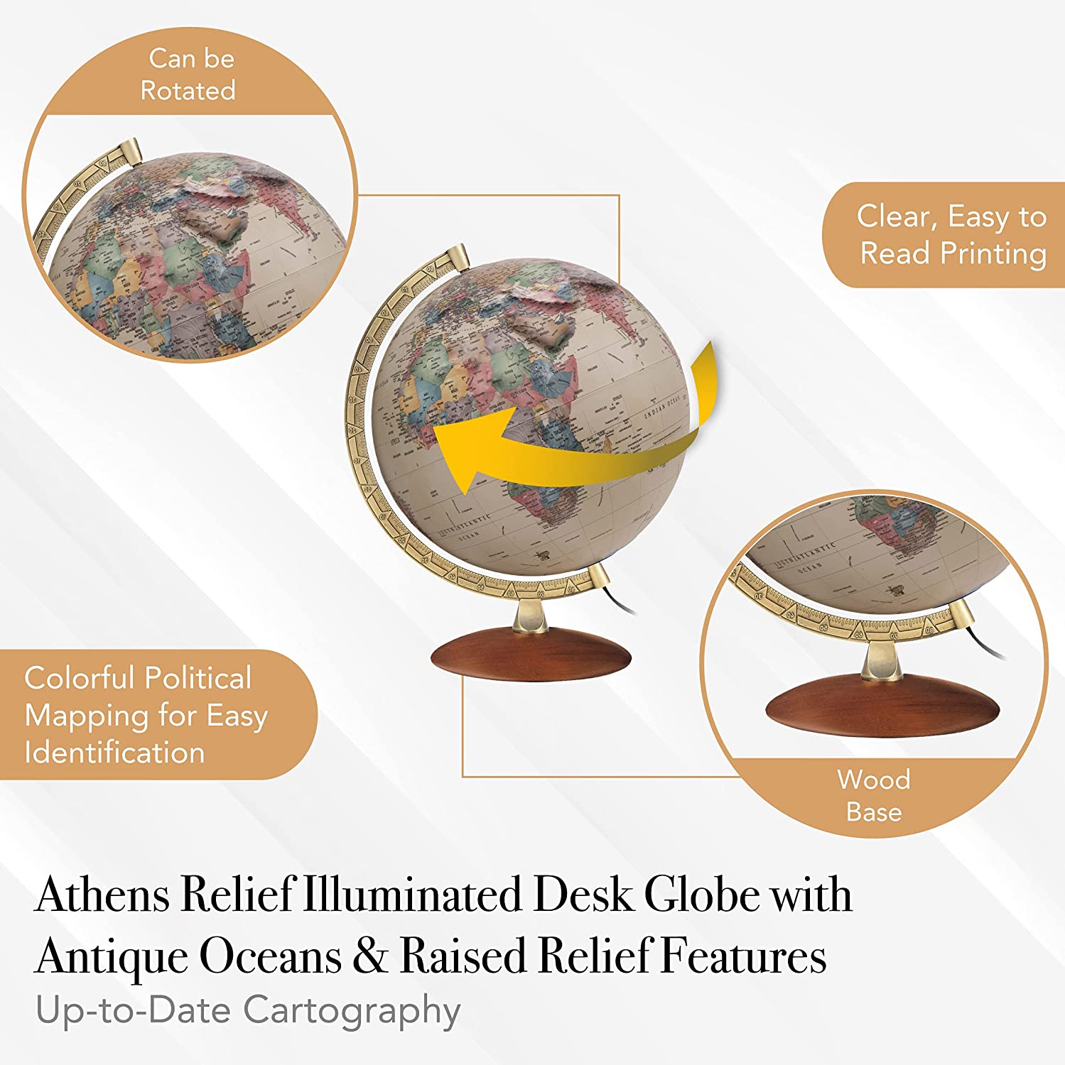Athens Relief Globe, 12-inch Diameter, Illuminated, Raised Relief