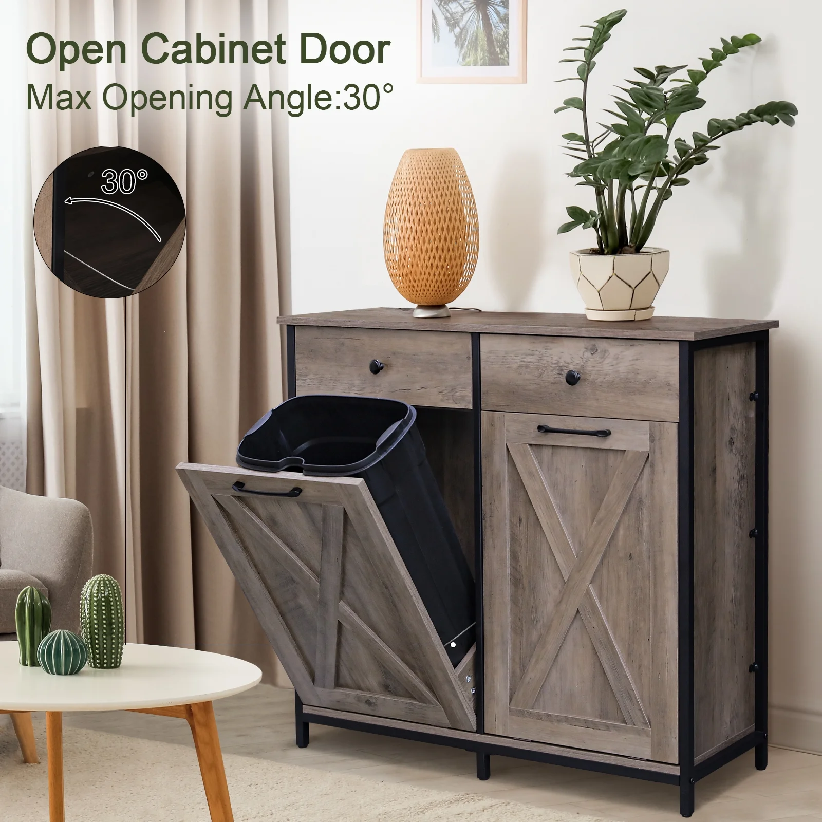 Pirecart 20 Gallon Double Tilt Out Trash Cabinet Wood Hidden Storage Cabinet, Recycling Cabinet with 2 Drawers, Black - Image 13
