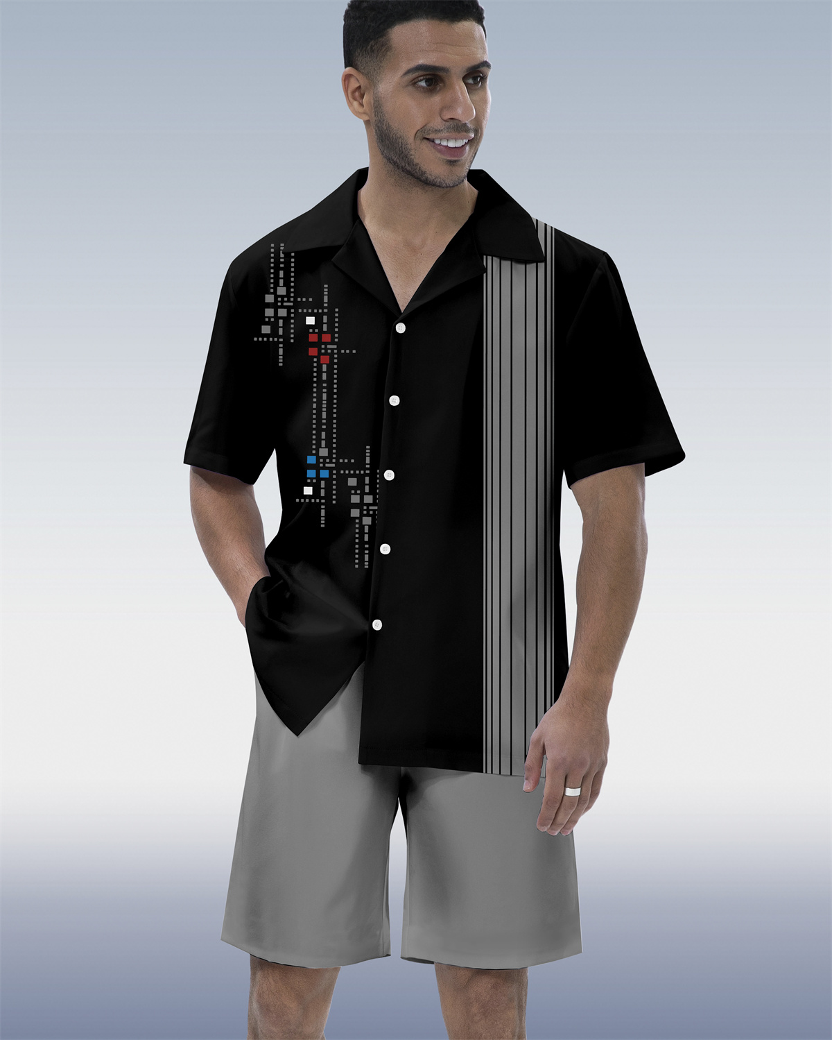 Men's Geometric Art Print Hawaiian Vacation Short Sleeve Suit 078