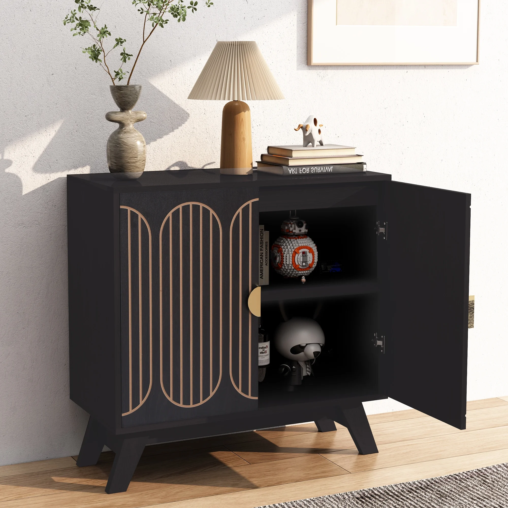 LEFHDA 2PCS Buffet Cabinet, Sideboard Cabinet with Storage, Accent Storage Cabinet with Carved Arc Door Design for Kitchen Dining Room, 2 Doors Buffet Cabinet with Adjustable Shelves - Image 44
