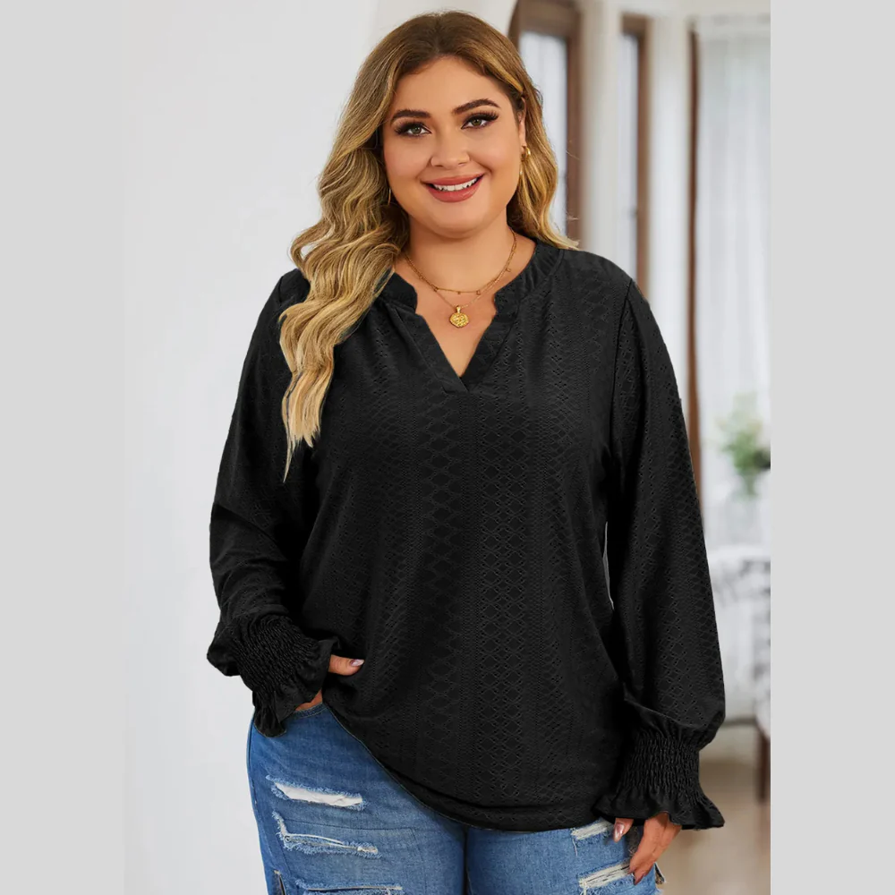 Plus Size Eyelet Notched Flounce Sleeve Blouse - ZKZOOK