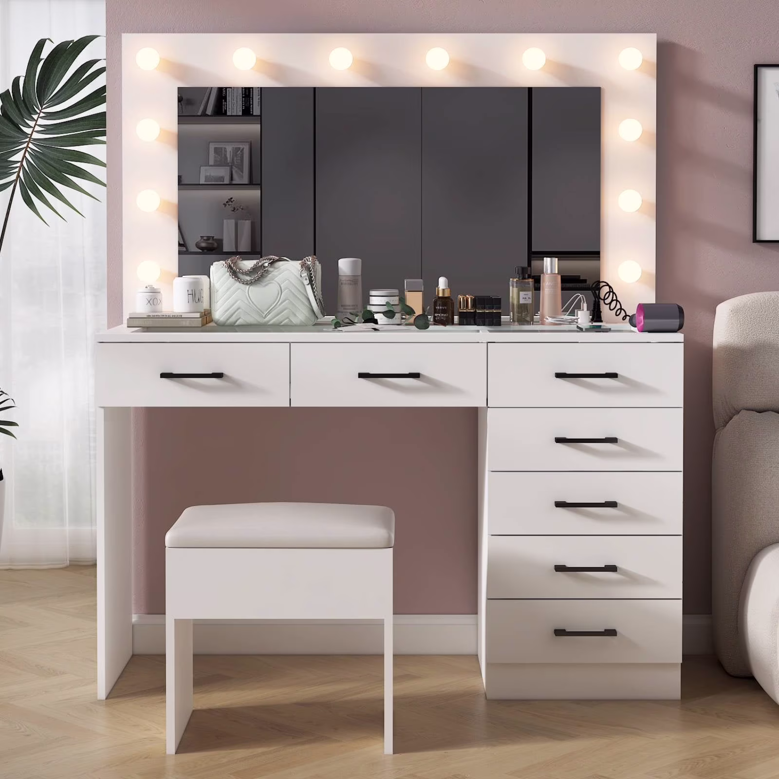 Ktaxon Large Makeup Vanity, Vanity Table Set w/ Visible Glass Top w/ Charging Station, White - Image 7