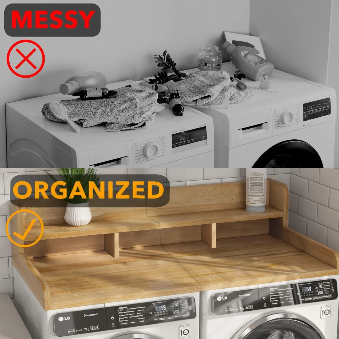 Modern Washer Dryer Countertop with 2-Tier Shelf,Laundry Room Countertop Organization Storage with 2.75" H Guard Edge Rails,Non-Slip Pad,Waterproof and Easy to Clean,54"W x 27.55"D,Natural Wood - Image 10