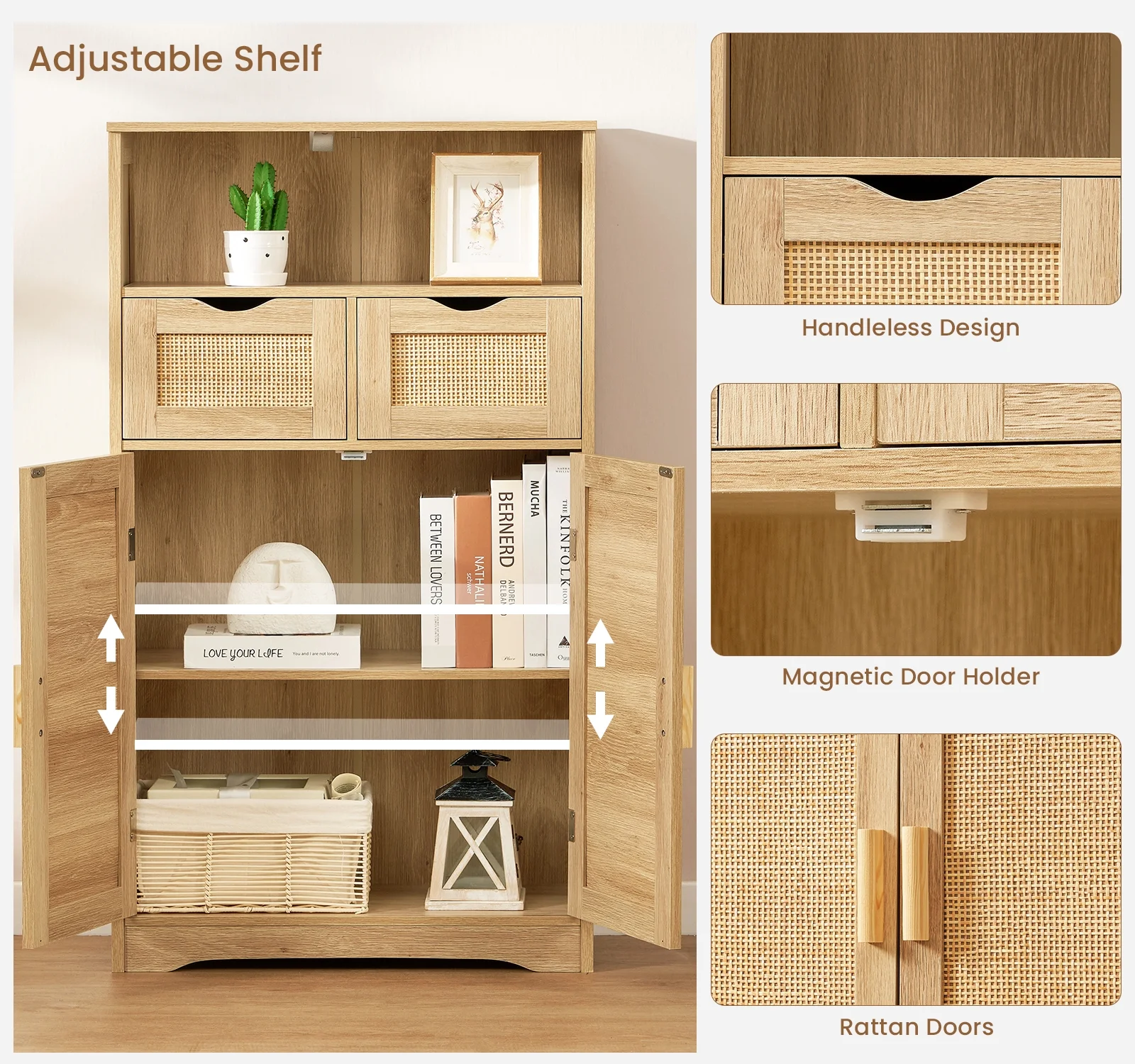 FANGSUM Rattan Storage Cabinet with 2 Drawers & 2 Shelves, Floor Cabinet for Living Room - Image 8