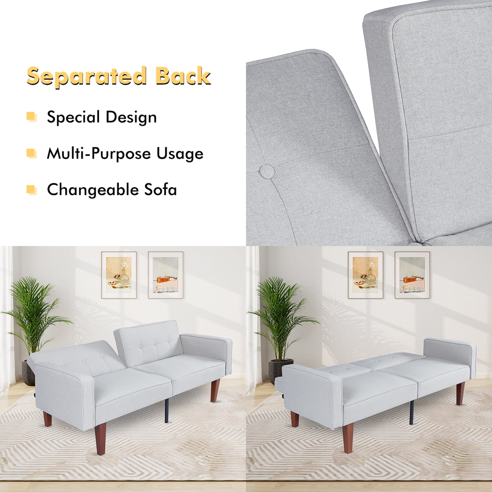 Sofa Bed, Convertible Memory Foam Futon Couch, Adjustable Sleeper Sofa Bed for Living Room, Gray - Image 8