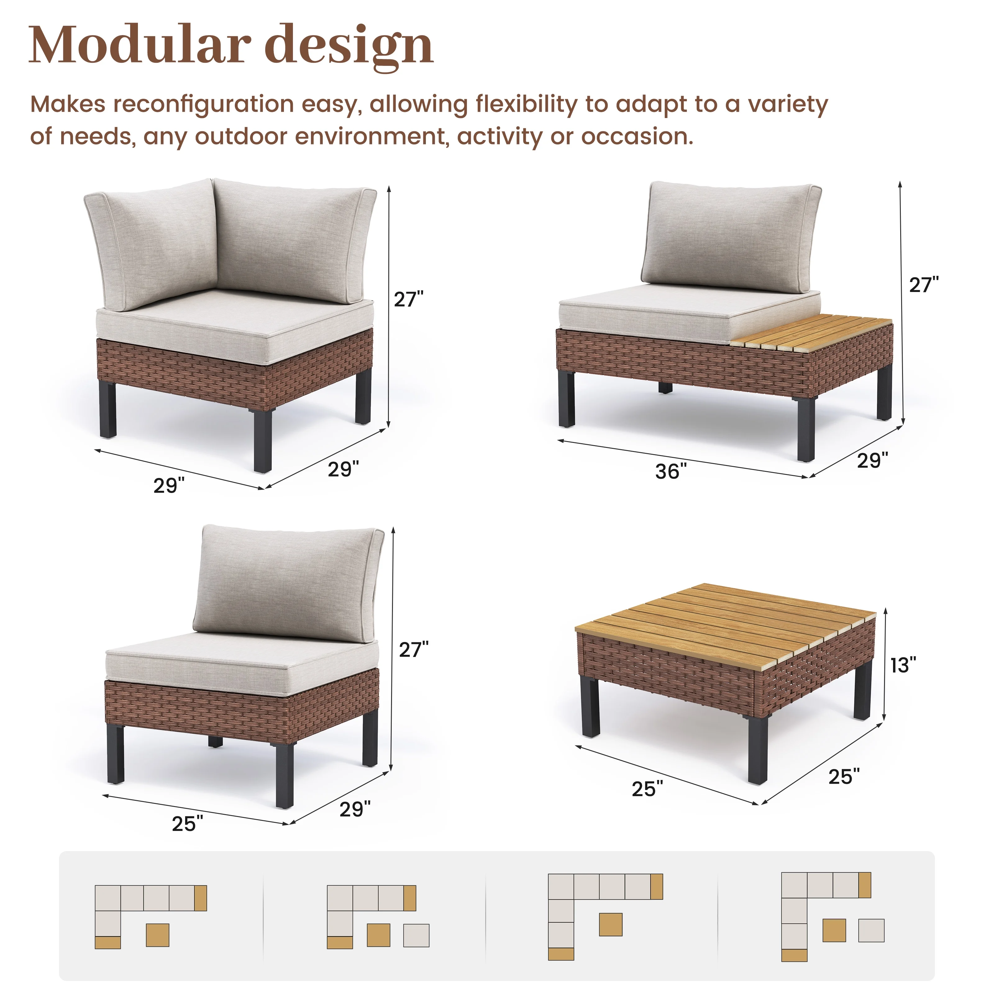 ELPOSUN L Shaped Conversation Sectional Sofa Set with Coffee Table, 5 Pieces Patio Furniture Seating Group with Side Table for Backyard Garden, Beige Grey