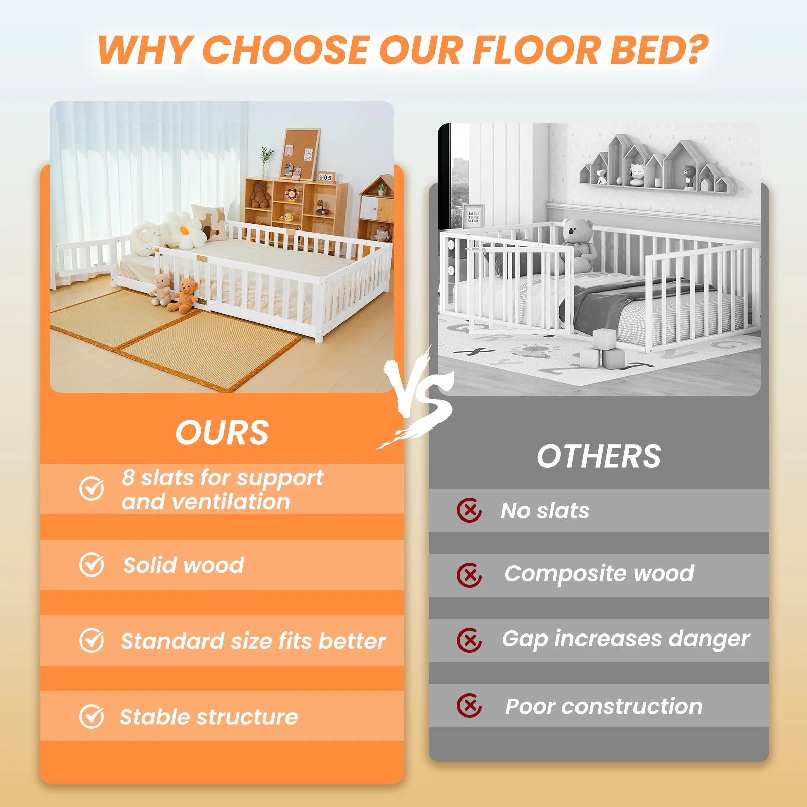 Slsy Twin Size Toddler Floor Bed, Solid Wood Montessori Bed Frame with Fence & Door Montessori Floor Bed Crib with Safety Guardrails for Girls and Boys - Image 16