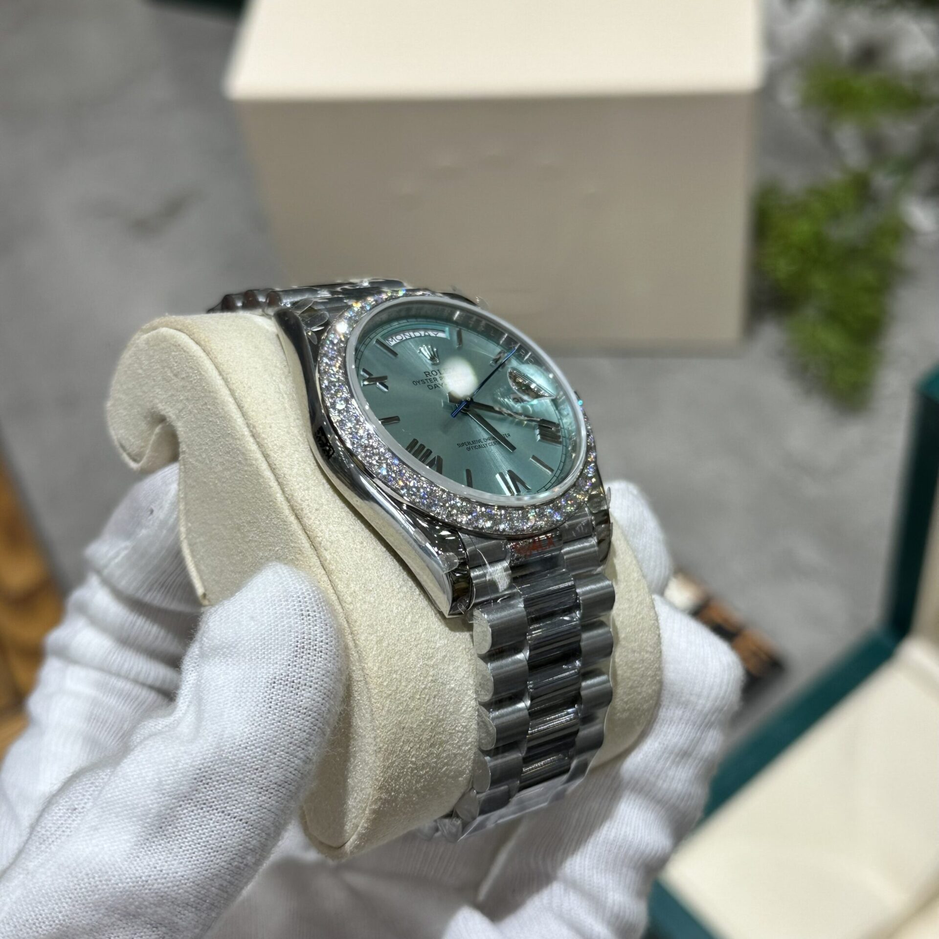 Rolex Replica Watch Day-Date 228236 Moissanite Green Dial 168gram GM V3 40mm - Elite Watch Atelier