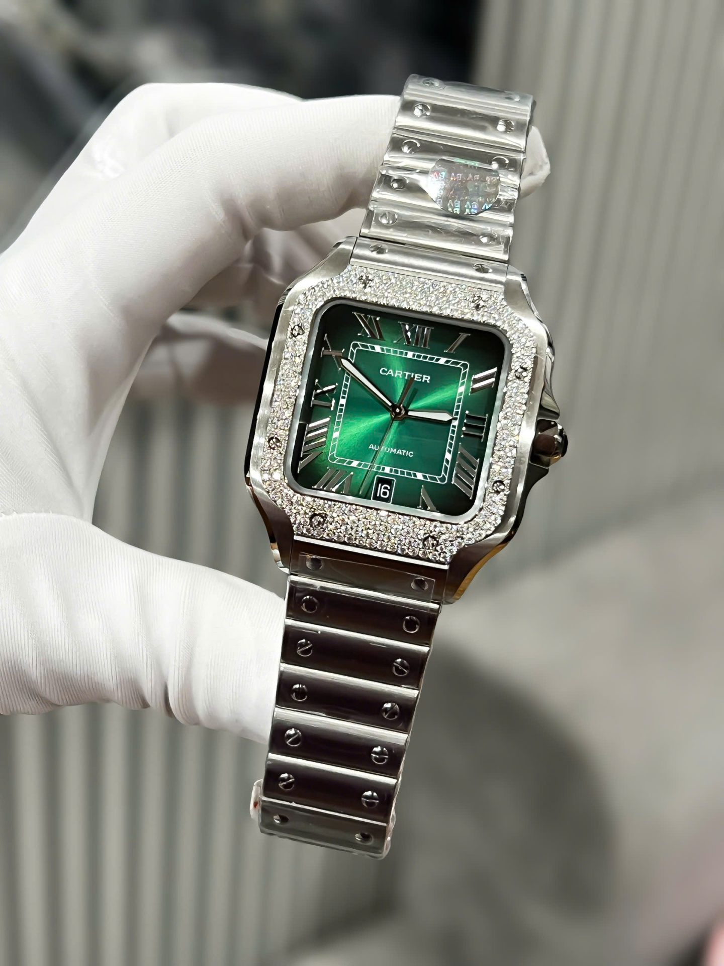 Cartier Santos Replica Watch Custom Moissanite Diamonds Dial Green BV Factory 39.8mm - Top club