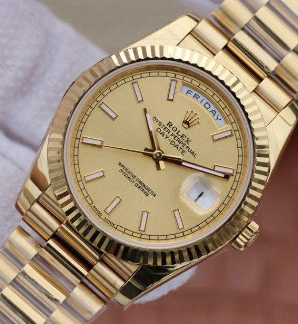 Replica Rolex Day-Date 40mm 228238 YG Noob YG Dial Lume Markers YG Bracelet A3255 - Elite Watch Atelier