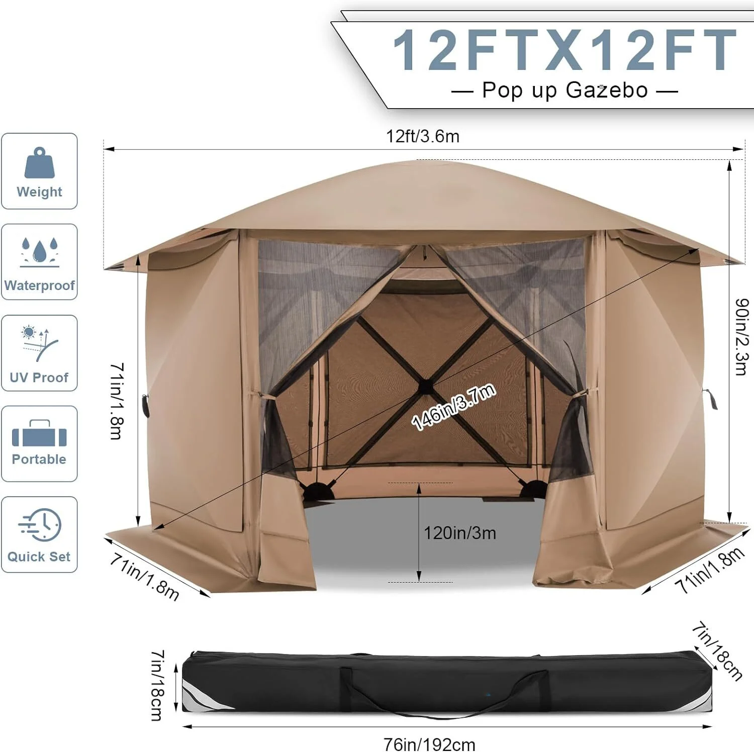 COBIZI 12'x12' Pop-up Gazebo Outdoor Camping Tent with 6 Sides Mosquito Netting, Waterproof, UV Resistant, Portable Screen House Room, Easy Set-up Party Tent with Carry bag, Ground Spike, Brown - Image 22