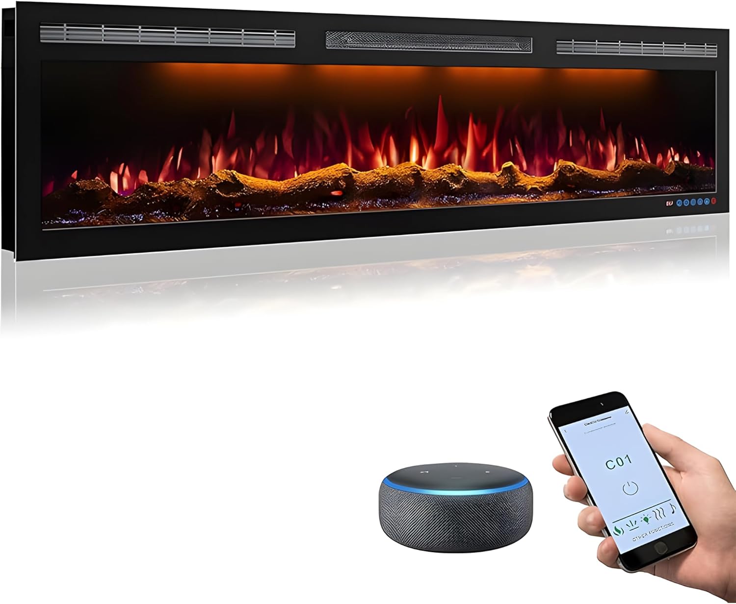 60 Inch WiFi Electric Fireplace Heater, Recessed or Wall Mounted, Ultra‑Slim 5.51