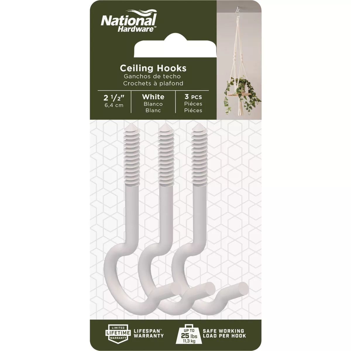 National Hardware 2-1/2 In. White Ceiling Hook (3-Pack)