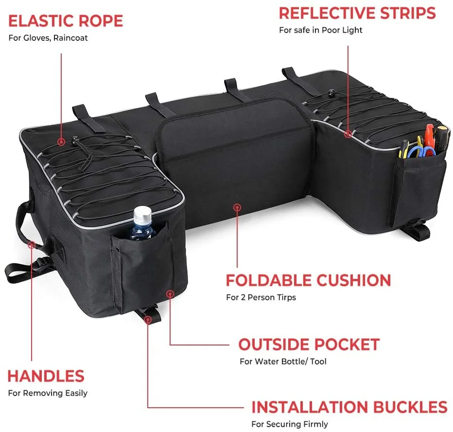 ATV Storage Bags, 50L ATV Rear Seat Storage Bag Water-Resistant Four Wheeler Gear Bag Back Seat with Built-In Frame, Removable Cushion for Passenger