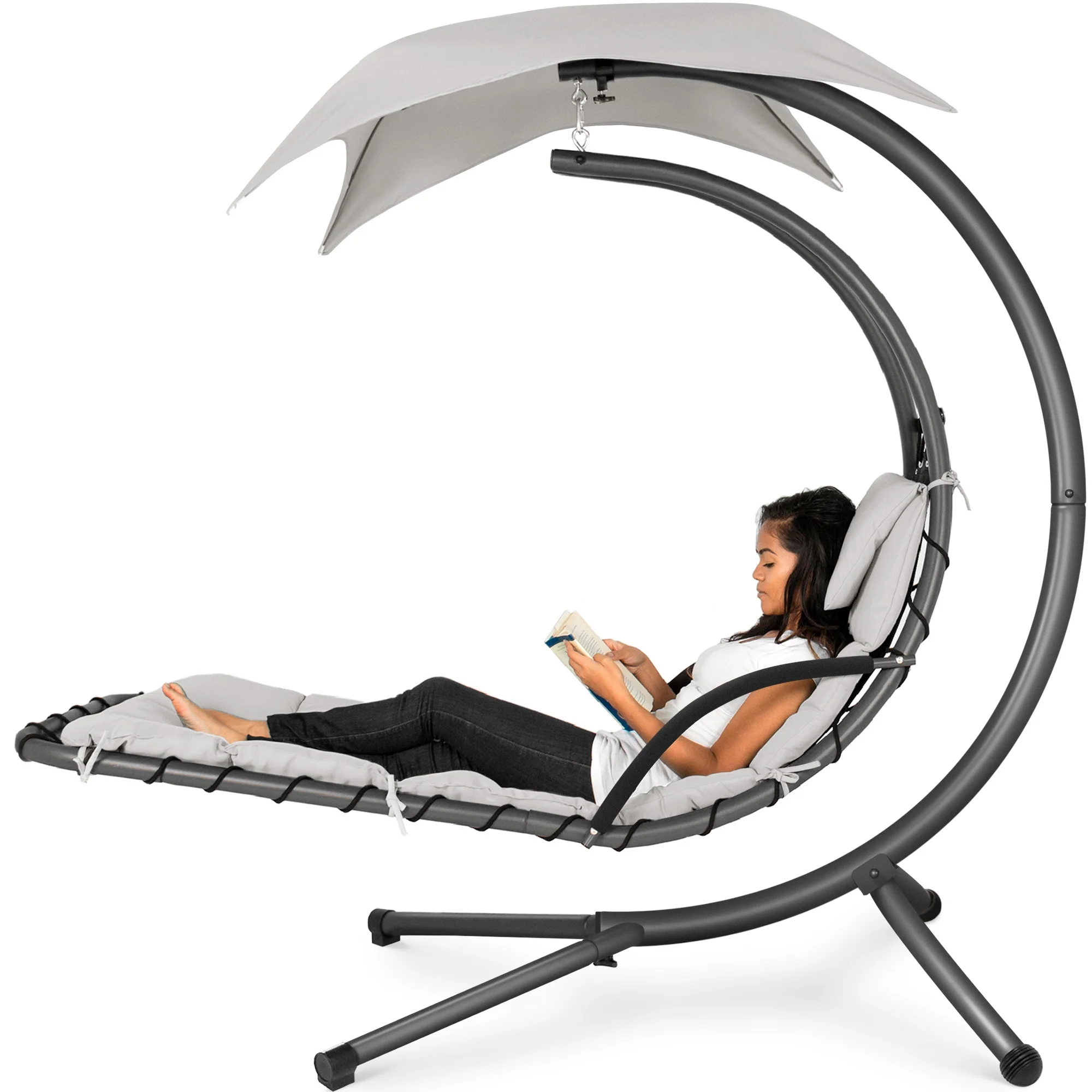 Best Choice Products Hanging Curved Chaise Lounge Chair Swing for Backyard, Patio w/ Pillow, Shade, Stand - Teal - Image 135