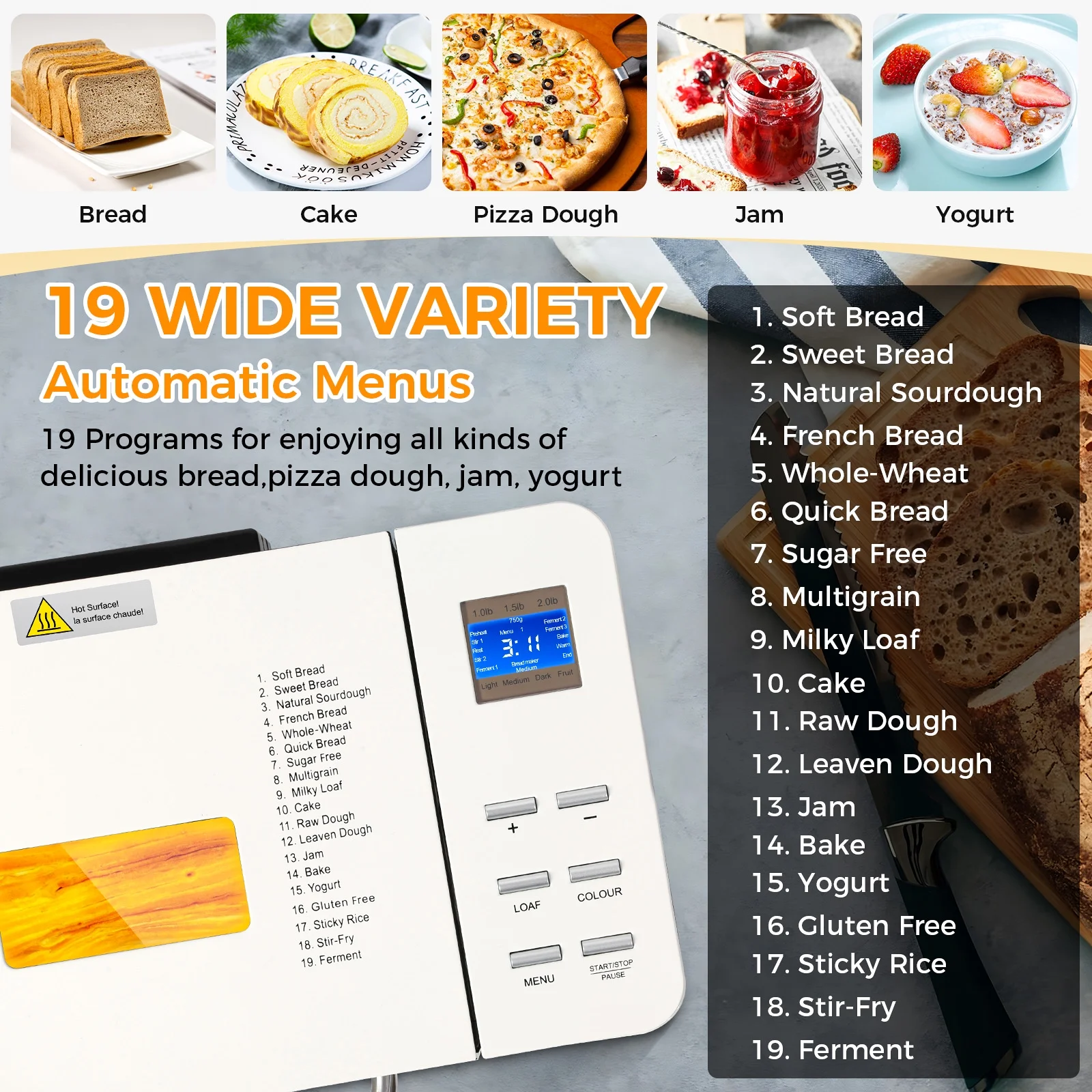 KBS 19-in-1 2LB Bread Maker Machine with Dual Heaters& Auto Nut Dispenser,Ceramic Pan with 2 kneading paddle,15 Hour delay timer&1 hour keep warm Model#013A - Image 6
