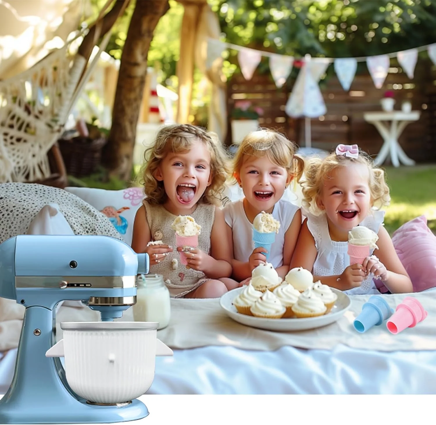 Ice Cream Maker Attachment for Kitchen Aid Stand Mixer, 2 Quart, Ice Cream & Sorbet Maker Machine, Fits and Larger Stand Mixers, with 2 Ice Cream Holder