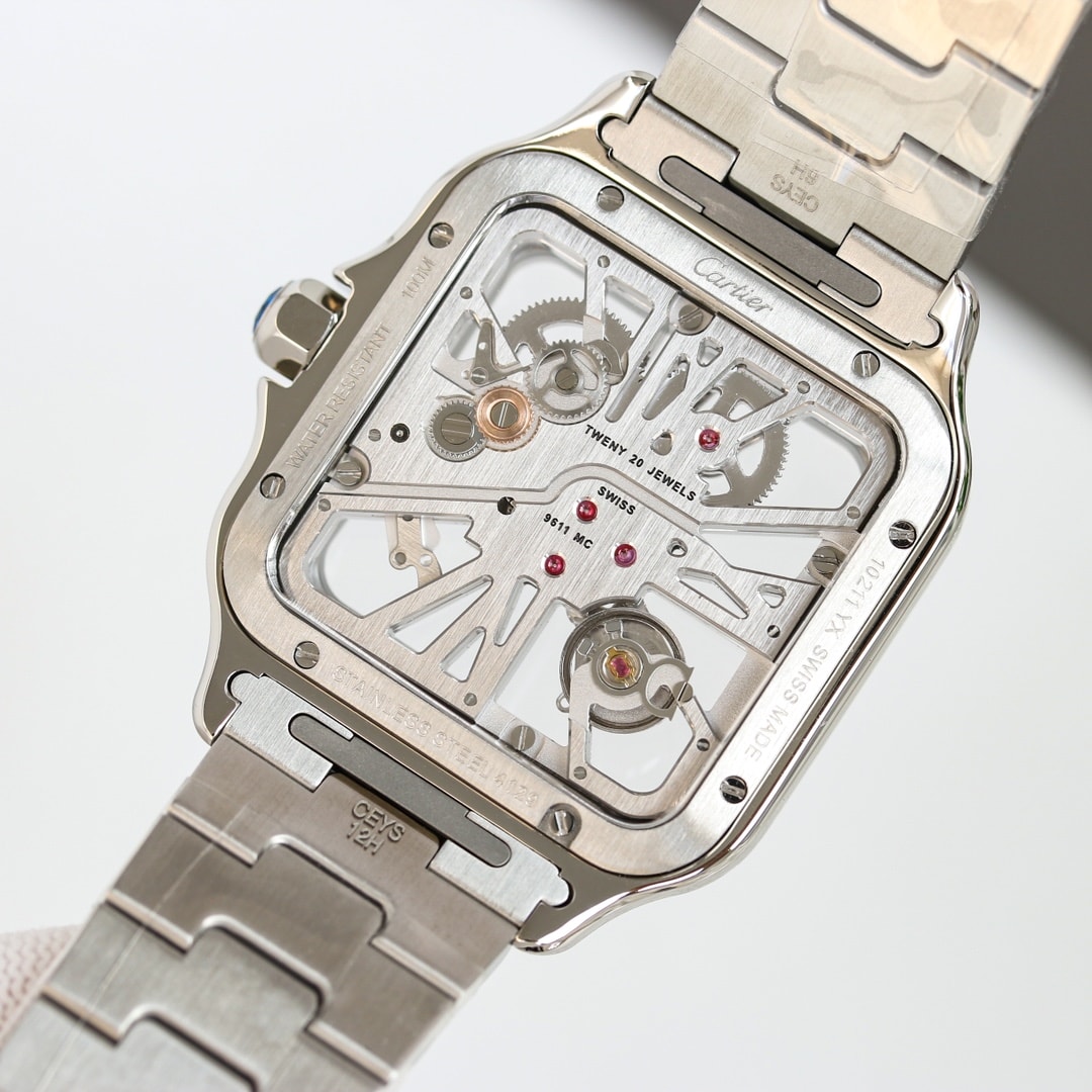Fake Cartier Watch Santos large model mechanical movement with manual winding caliber Steel Blue Skeleton Dial WHSA0026 TWF(1:1 replica) - Elite Watch Atelier