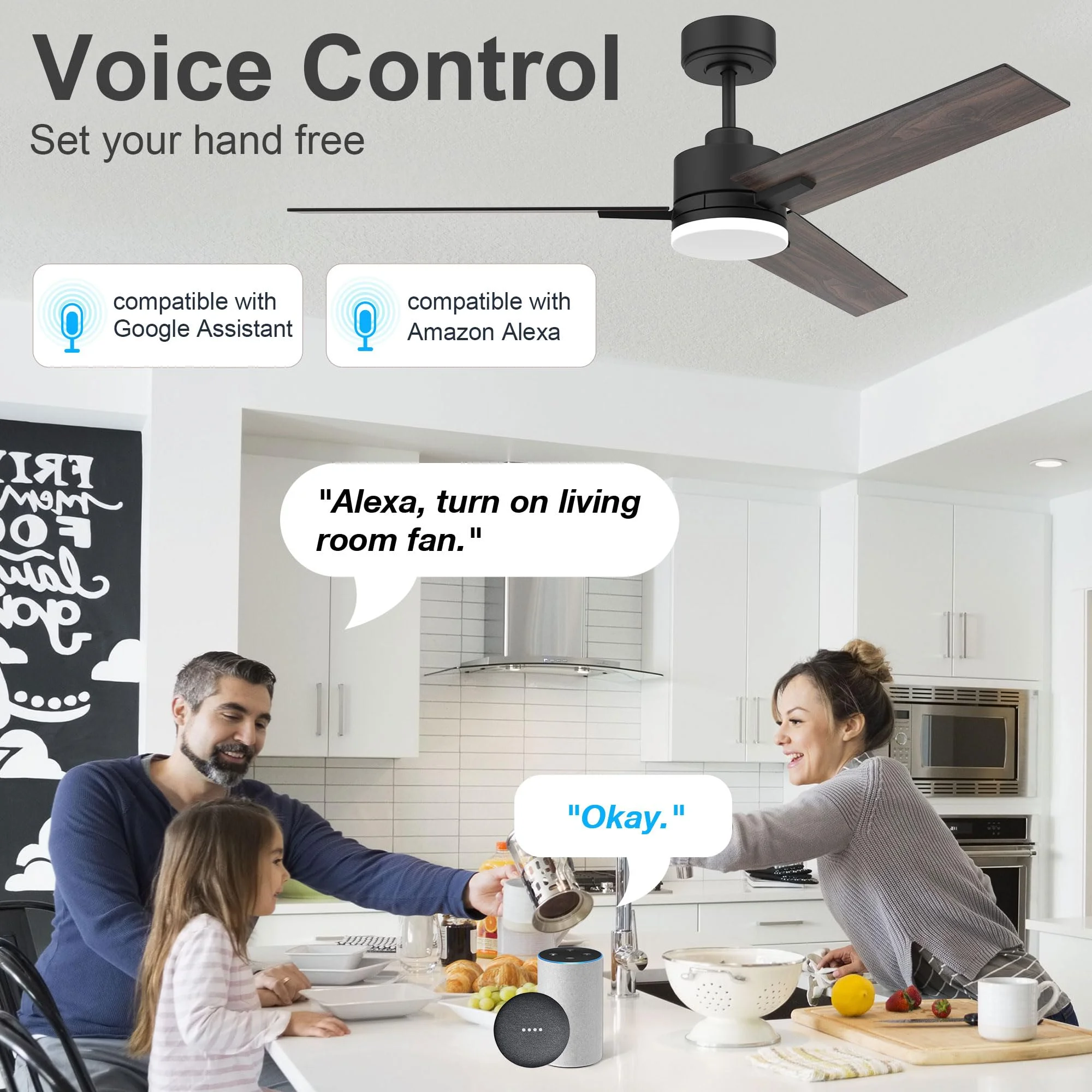 52 Inch Black and Walnut Brown Smart Ceiling Fan with LED Lights Remote,for Bedroom Patio Porch