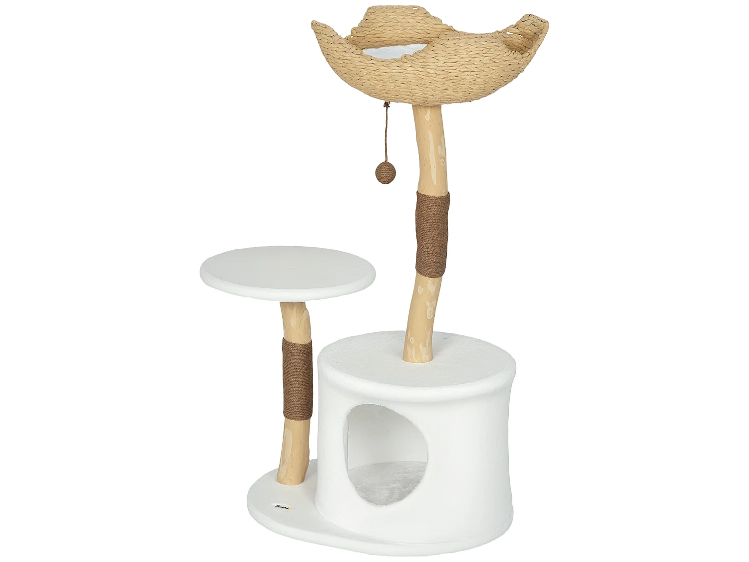 Arbre à chat bois design naturel griffoirs boule chanvre panier observation tressé coussin niche