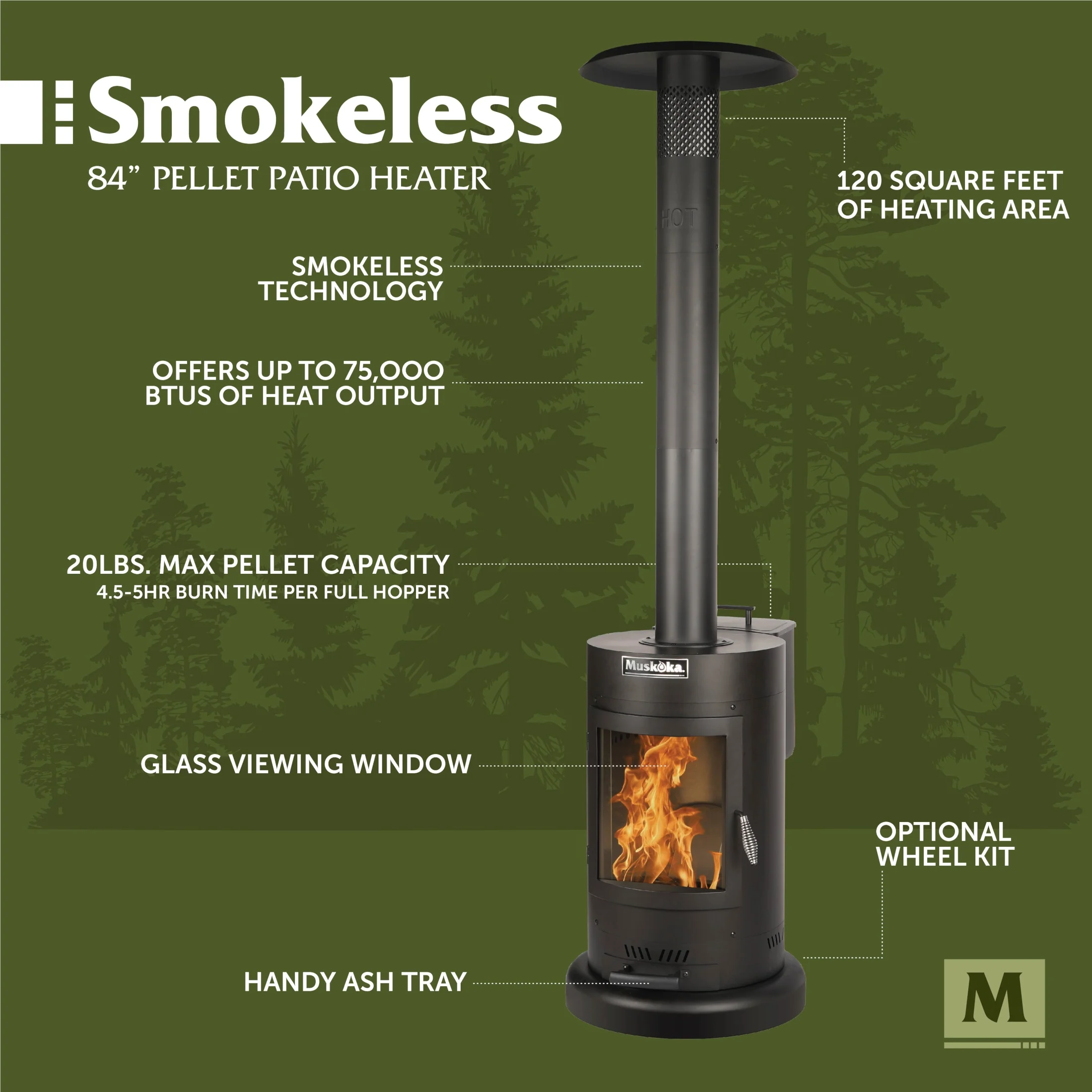 Muskoka 84" High 75,000 BTU Black Steel Wood Pellet Patio Heater - Image 9