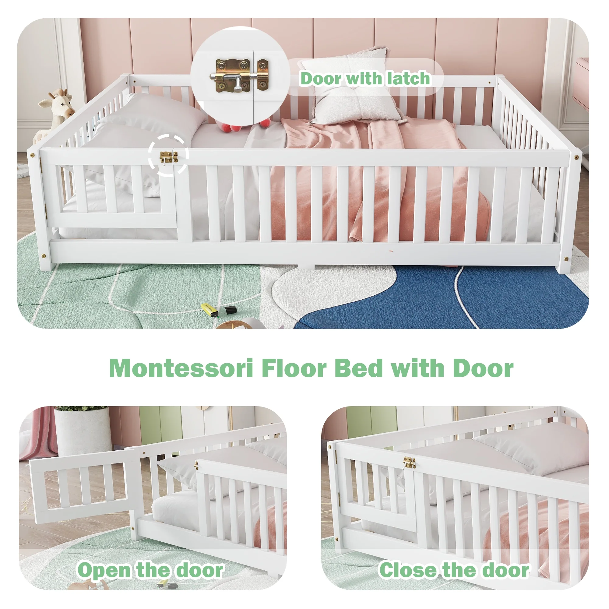 Bellemave Full Size Floor Bed with Door and Fence Floor Bed with Bed Slats Sturdy Wood Floor Bed Montessori Bed Frame (Full, Pink) - Image 35
