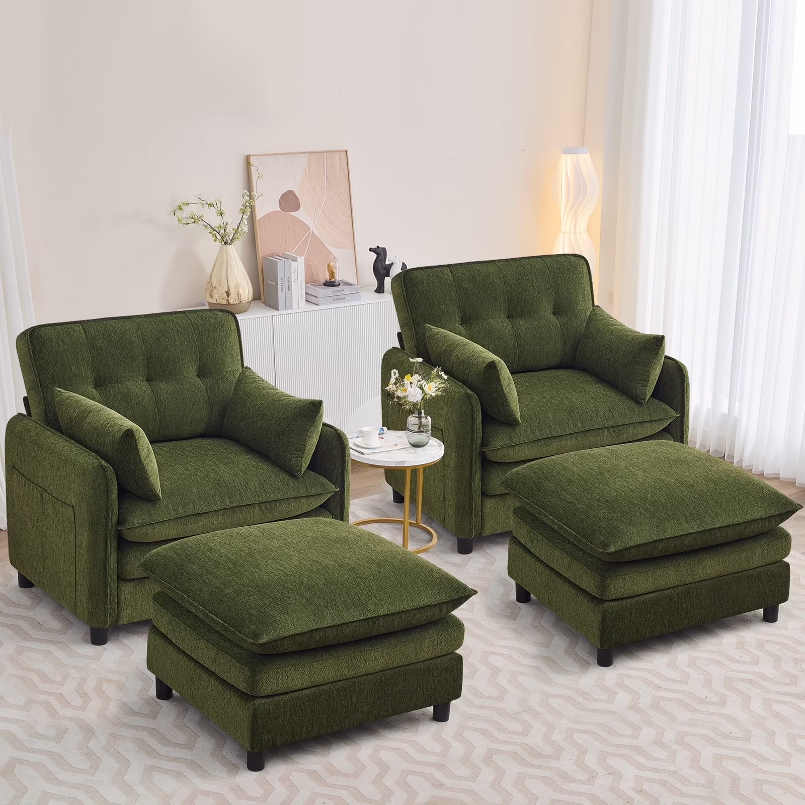 Aemeios Upholstered Chenille OversizedAccent Armchairs with Ottoman and Side Pocket, Cream - Image 4