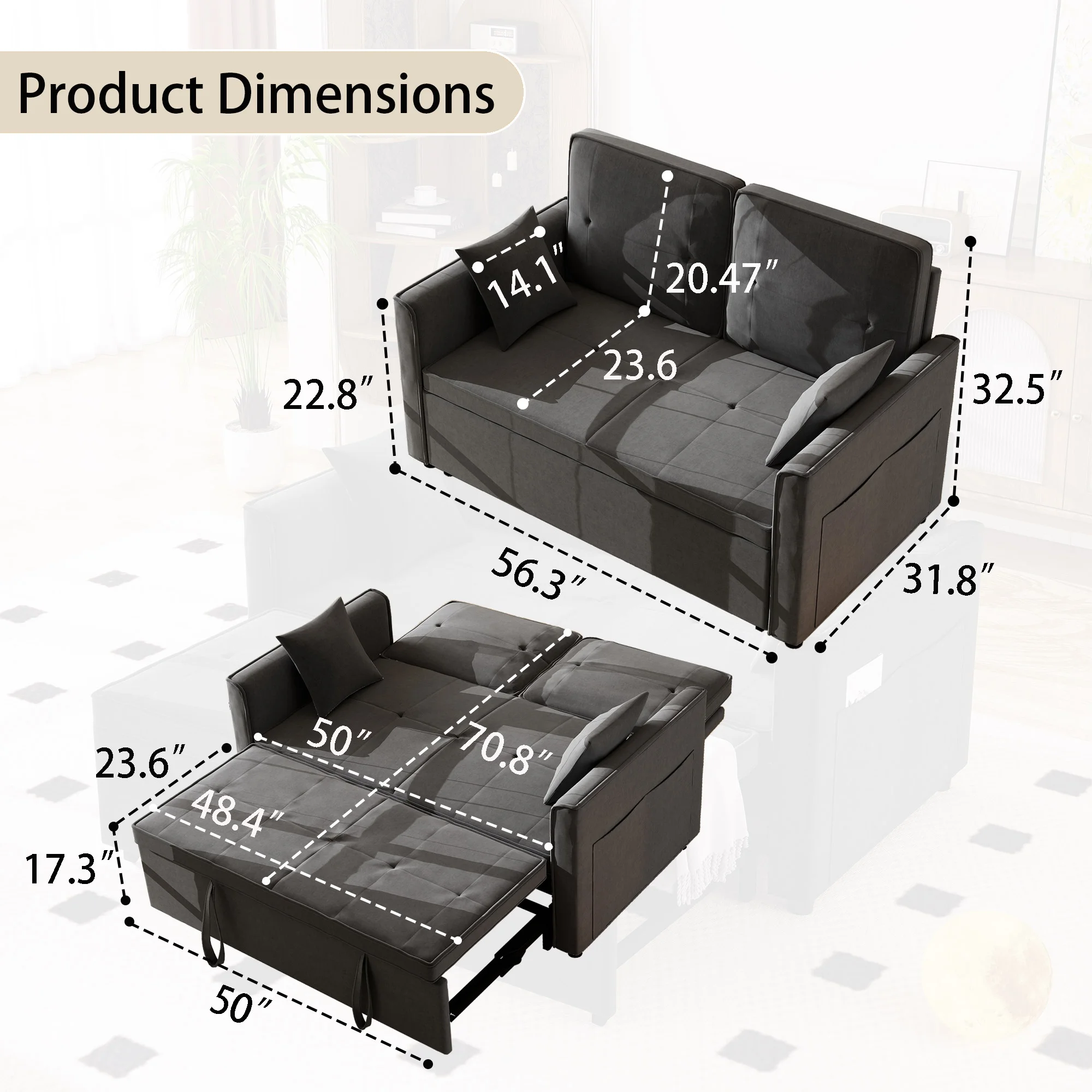 Convertible Sofa Bed,3-in-1 Sleeper Sofa with Pull Out Bed,Velvet Highly Elastic Sponge Futon Couch Loveseat with Adjustable Backrest and 2 Pillows for Living Room,Gray - Image 2