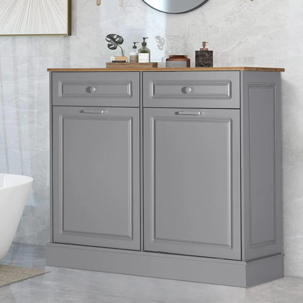 Eclife 20 Gallons Double Tilt Out Trash Cabinet Wood Tabletop, Upgrade Gray, WB010GY - Image 6