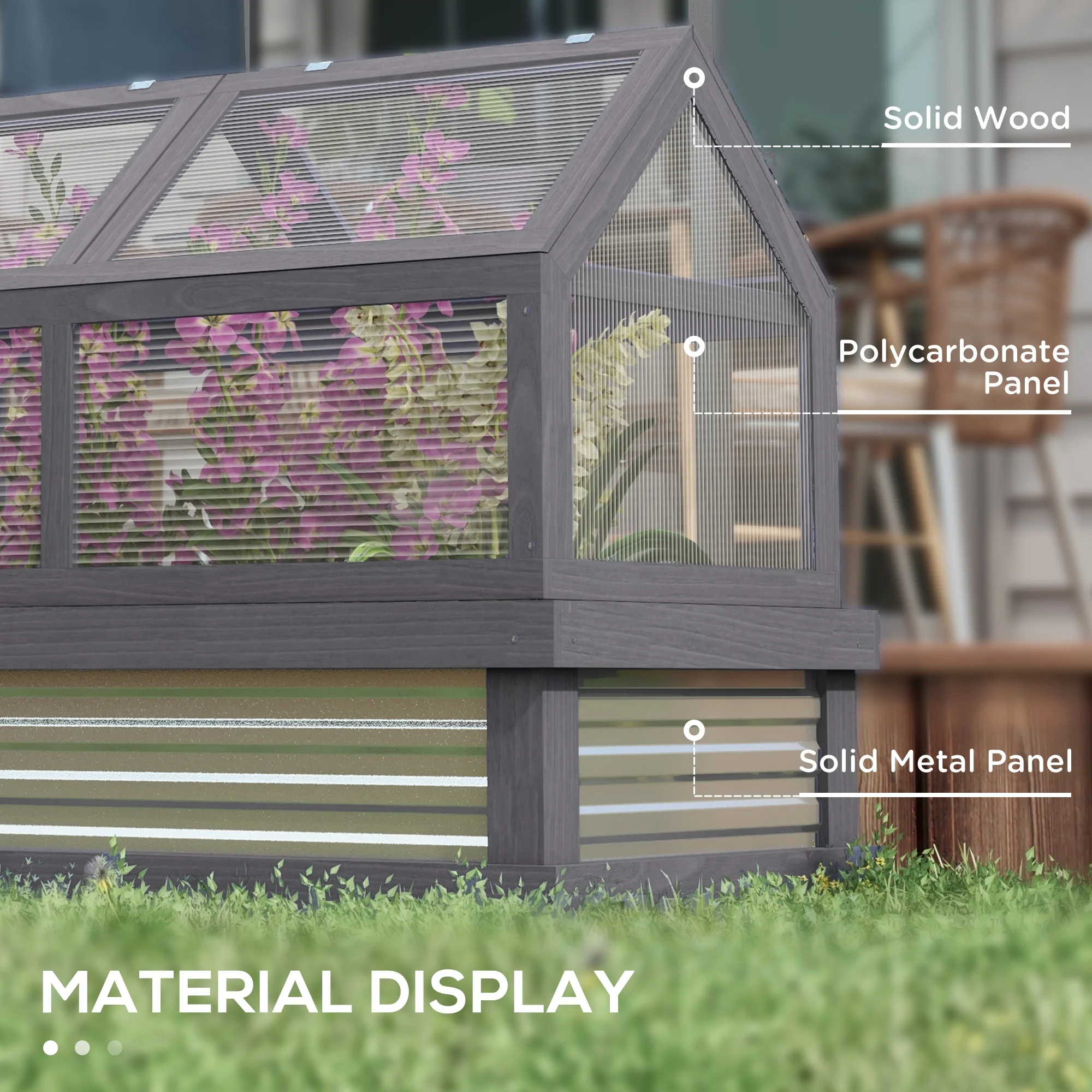 Outsunny Raised Garden Bed with Polycarbonate Greenhouse, Wooden Garden Cold Frame Greenhouse, Flower Planter Protection, 48" x 24" x 32", Natural - Image 15