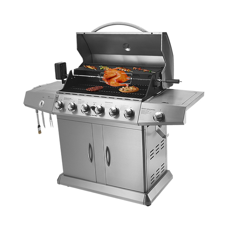 Stainless Steel 6 Burner Gas BBQ Grill Big Cooking Area Hotplate Modern Premium Design Adjustable Trolley Foldable Outdoor Use