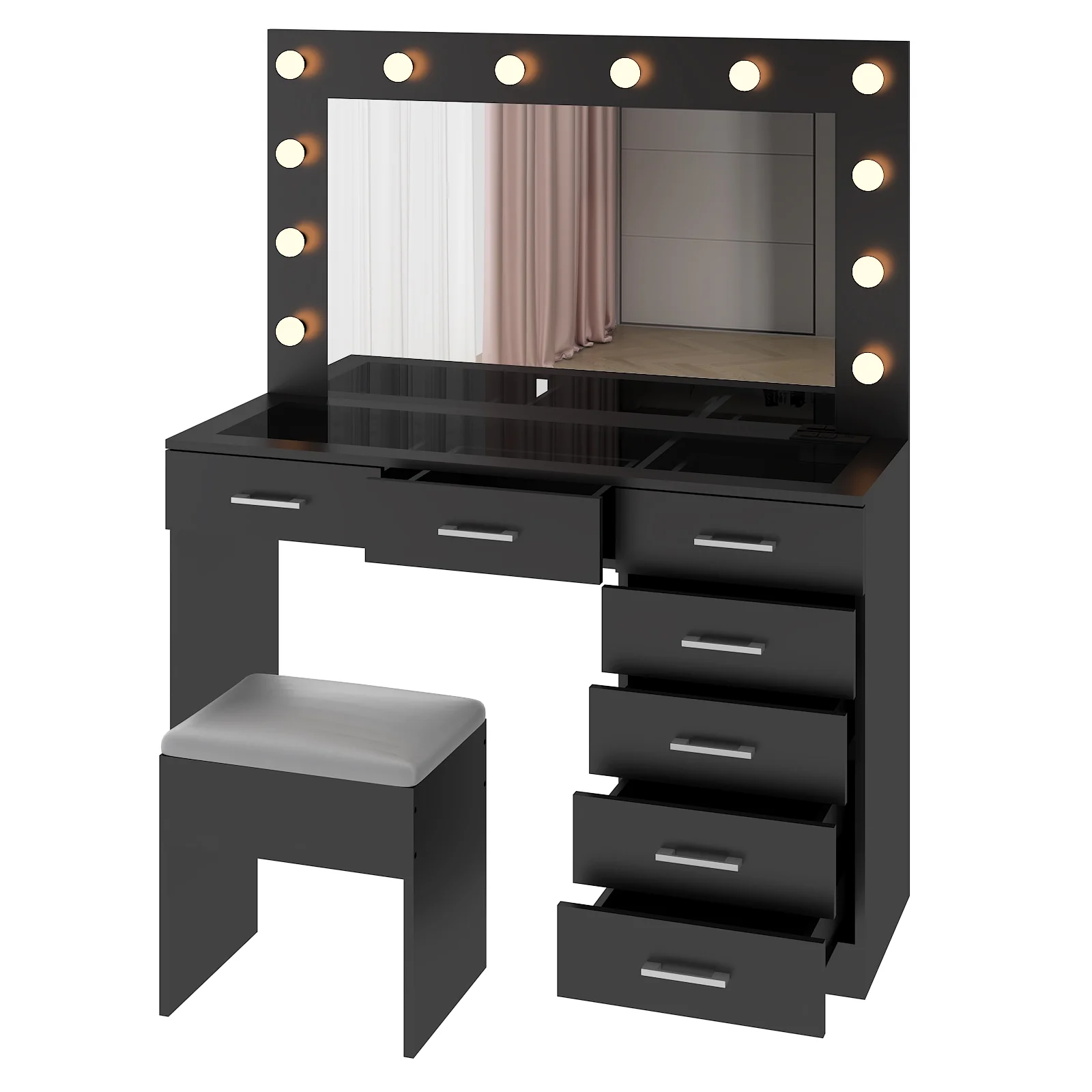Ktaxon Large Makeup Vanity, Vanity Table Set w/ Visible Glass Top w/ Charging Station, White - Image 111