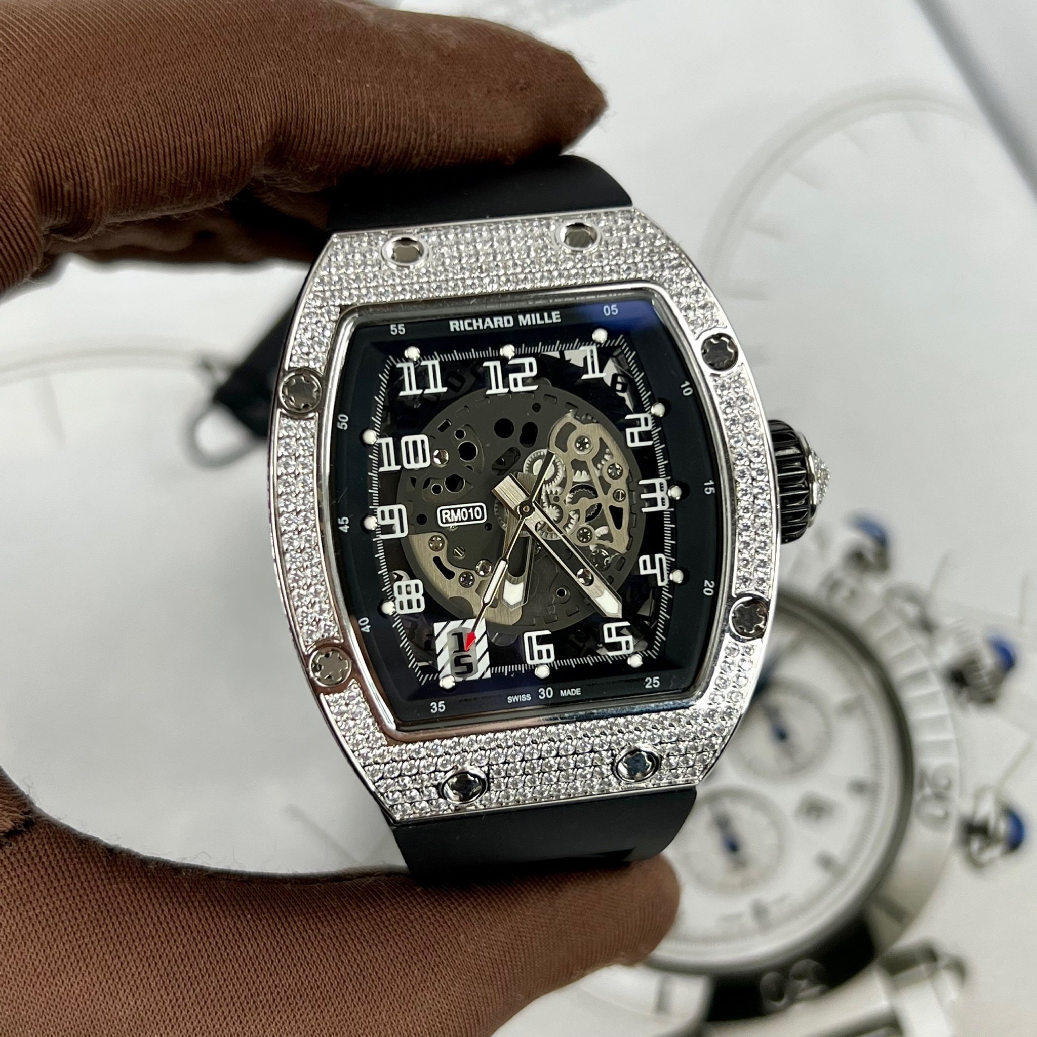 Richard Mille RM 010 Replica 1:1 Watch Silver With Stone Bezel AG 40MM - Top club