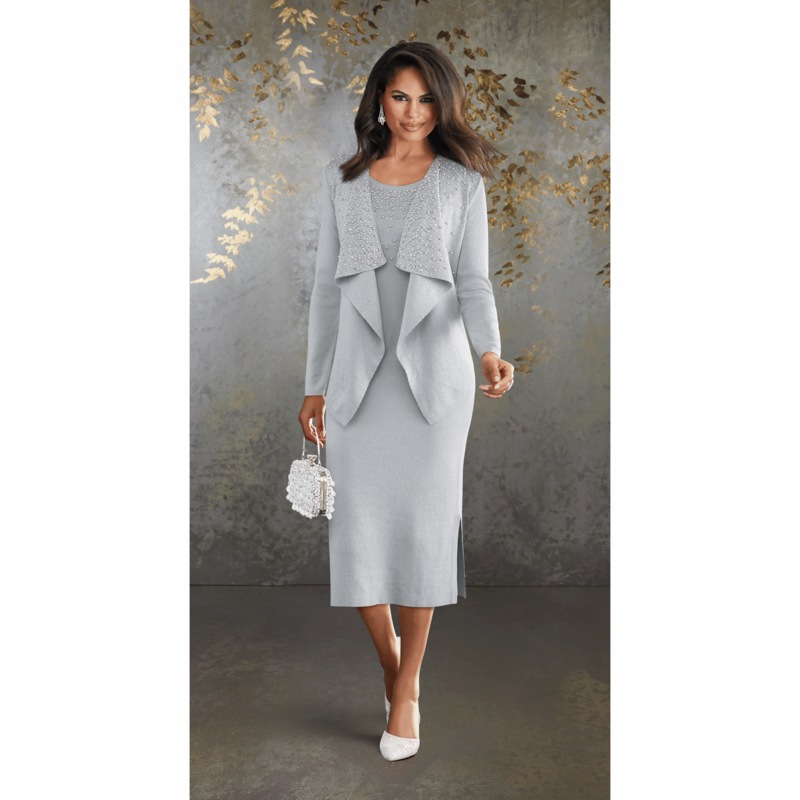 Pearl-Embellished Sweater Knit Set with Jacket and Sleeveless Sheath Dress - MIDNIGHT VELVET CATALOG