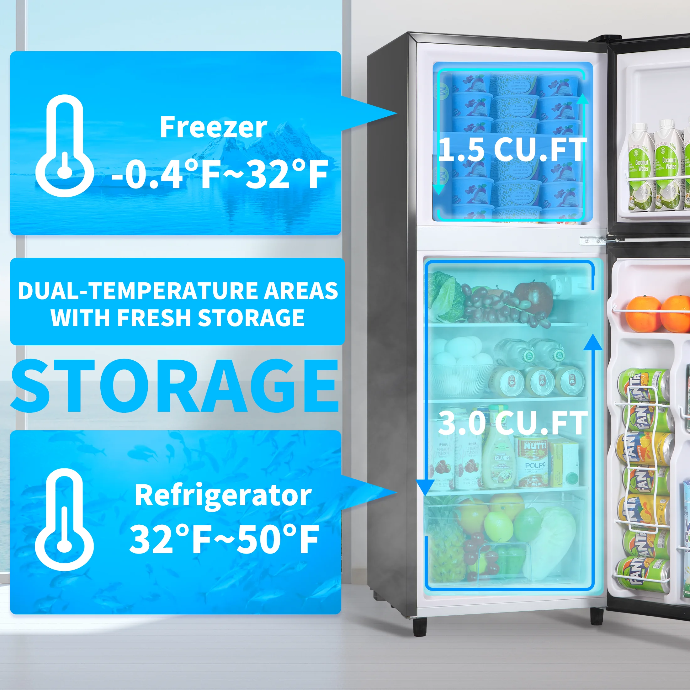 2 Door Mini Fridge with Freezer,4.5 Cu.ft.,7 Adjustable Thermostat & 4 Removable Glass Shelves,for Kitchen Dorm Apt,Grey