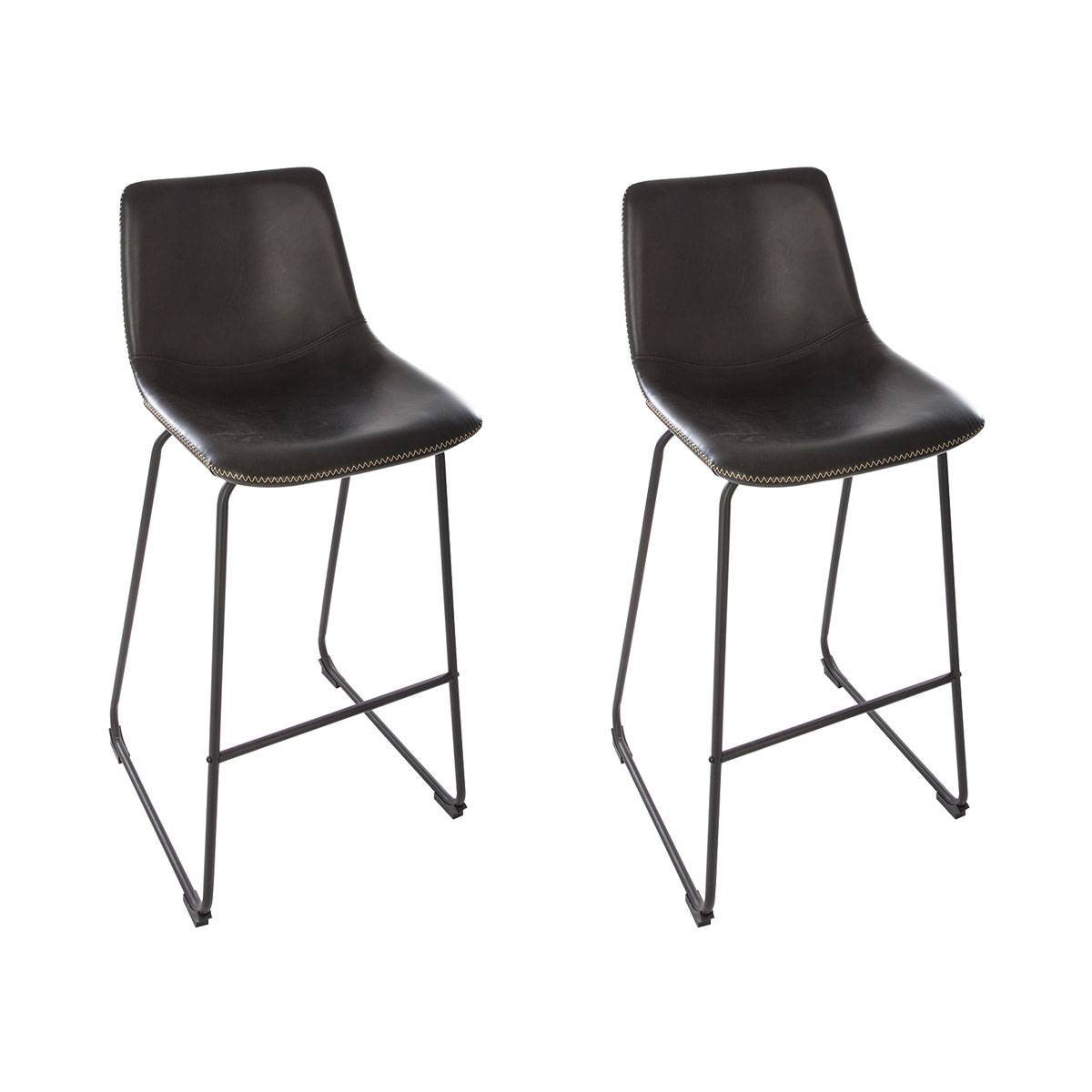 Set of 2 bar stools "Lois" Leather effect, Black