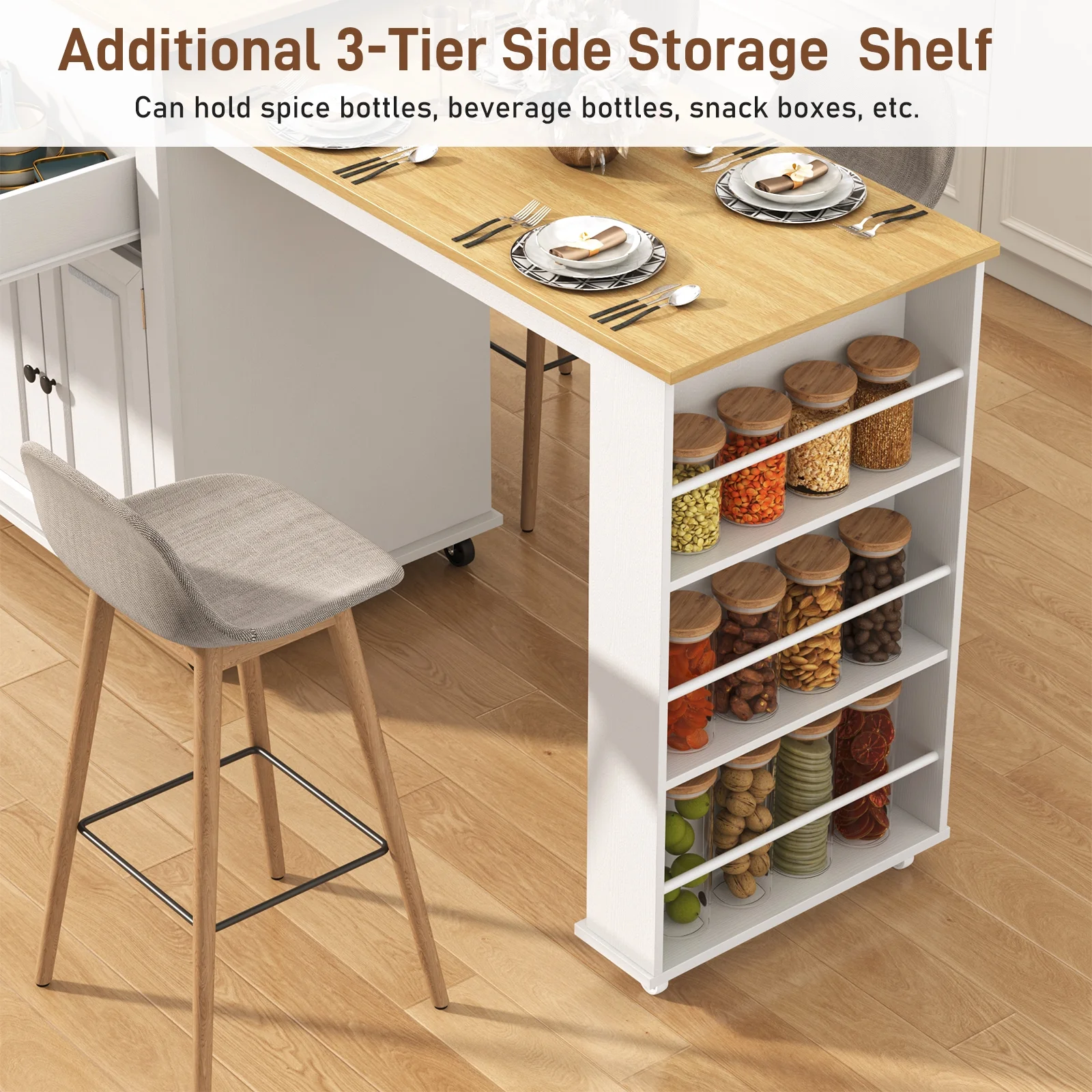 ANPOO Large Kitchen Island with Extendable Dining Table and Power Outlet, Rolling Kitchen Island Cart on Wheels with 2 Storage Cabinets & 2 Drawers & 3 Spice Racks, Island Table for Kitchen - Image 11
