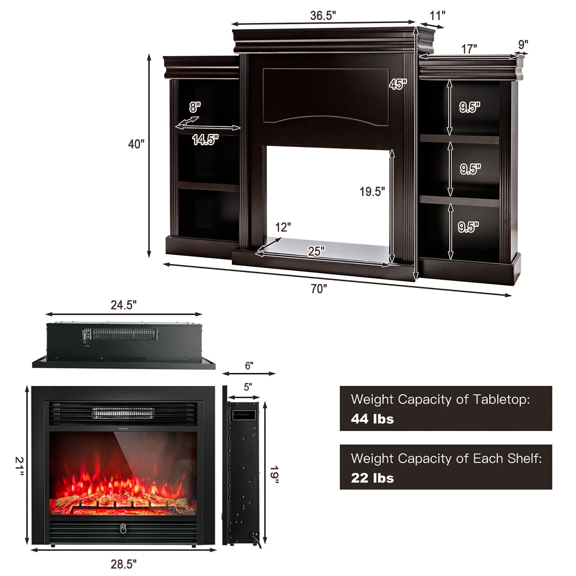 Gymax 70'' Fireplace TV Stand Media W/ 28.5'' 750W/1500W Electric Fireplace Brown
