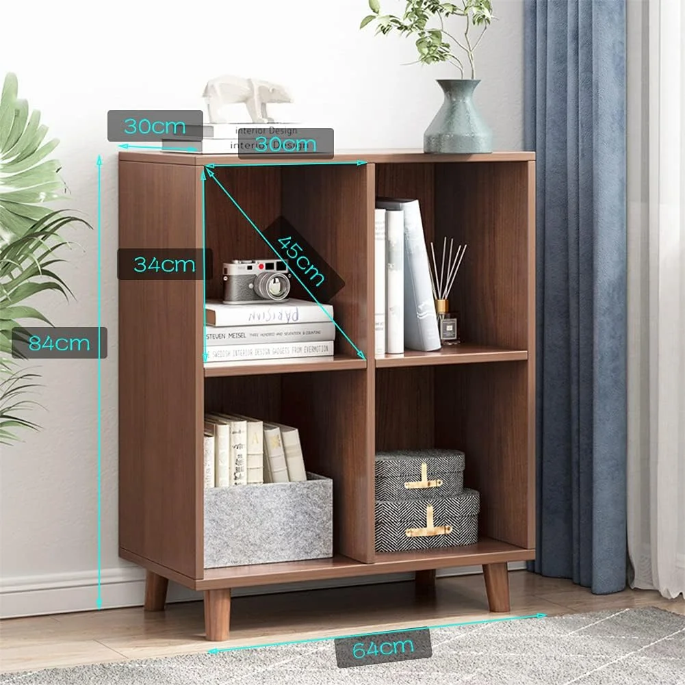 Freestanding Open Cubes Bookcase - 2-Tier Floor Standing Wooden Storage Display Cabinet Organizer with Legs for Home Office, 4-Cubes Open Shelf Low Short Bookshelf, Walnut