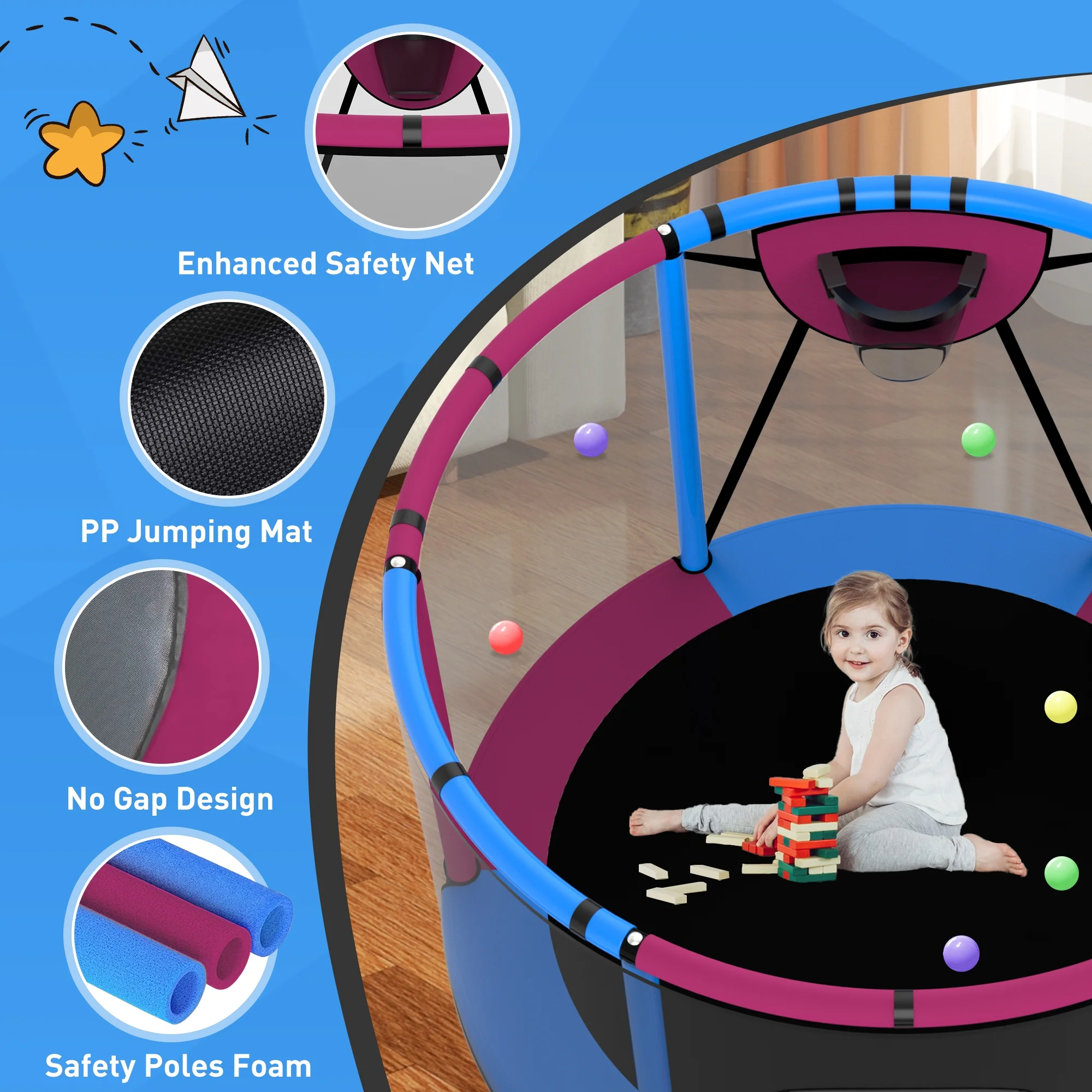 CITYLE Trampoline for Kids 600LBS 60'' 5FT Toddler Trampoline Indoor Outdoor with Basketball Hoop, Swing, Adjustable Bar, Mini Small Trampoline with Enclosure, Gifts for Toddlers, Boys & Girls - Image 47