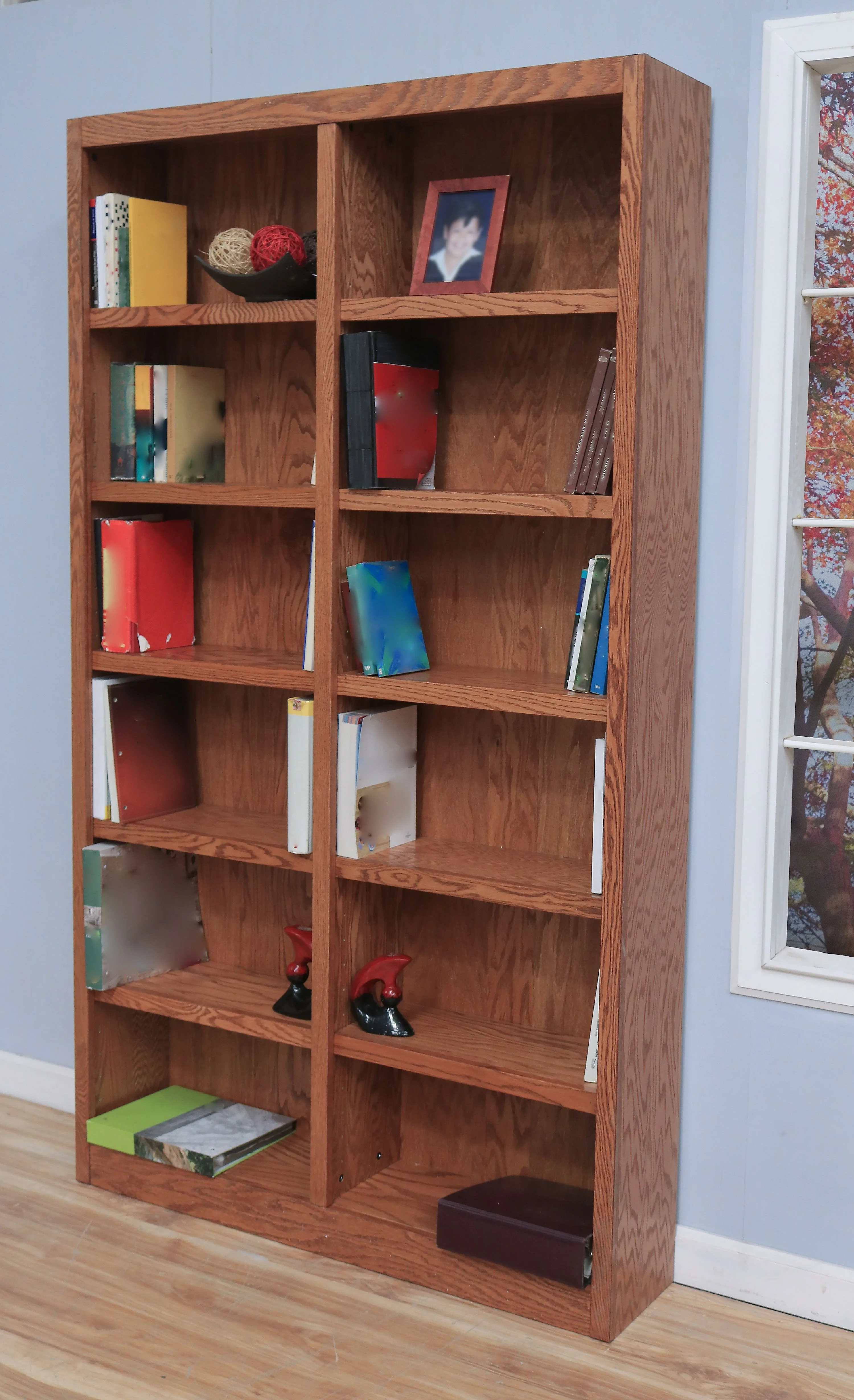 Concepts in Wood 12 Shelf Double Wide Wood Bookcase, 84 inch Tall - Oak Finish - Image 4
