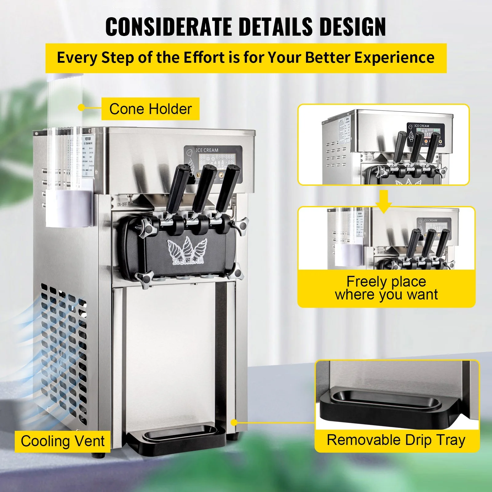 SIHAO 1200W Commercial Ice Cream Machine Countertop 18L/H Soft Serve Ice Cream Maker with LED Display - Image 11
