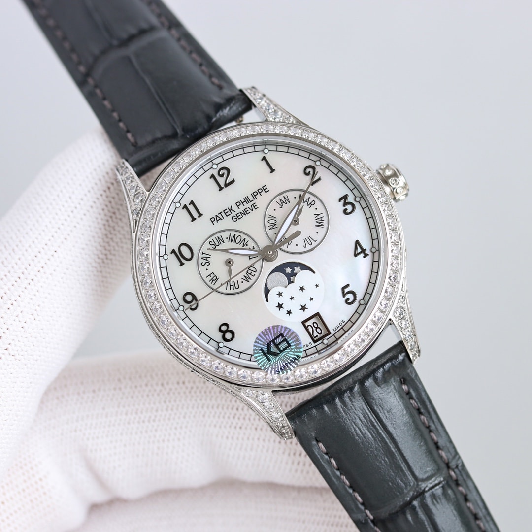 Fake Patek Philippe Replica Watch 4948G-001 Complications Ladies Annual Calendar Moon Phase 38mm Black Tahitian Mother of Pearl Arabic White Gold Diamond Set Leather(1:1 replica) - Top club