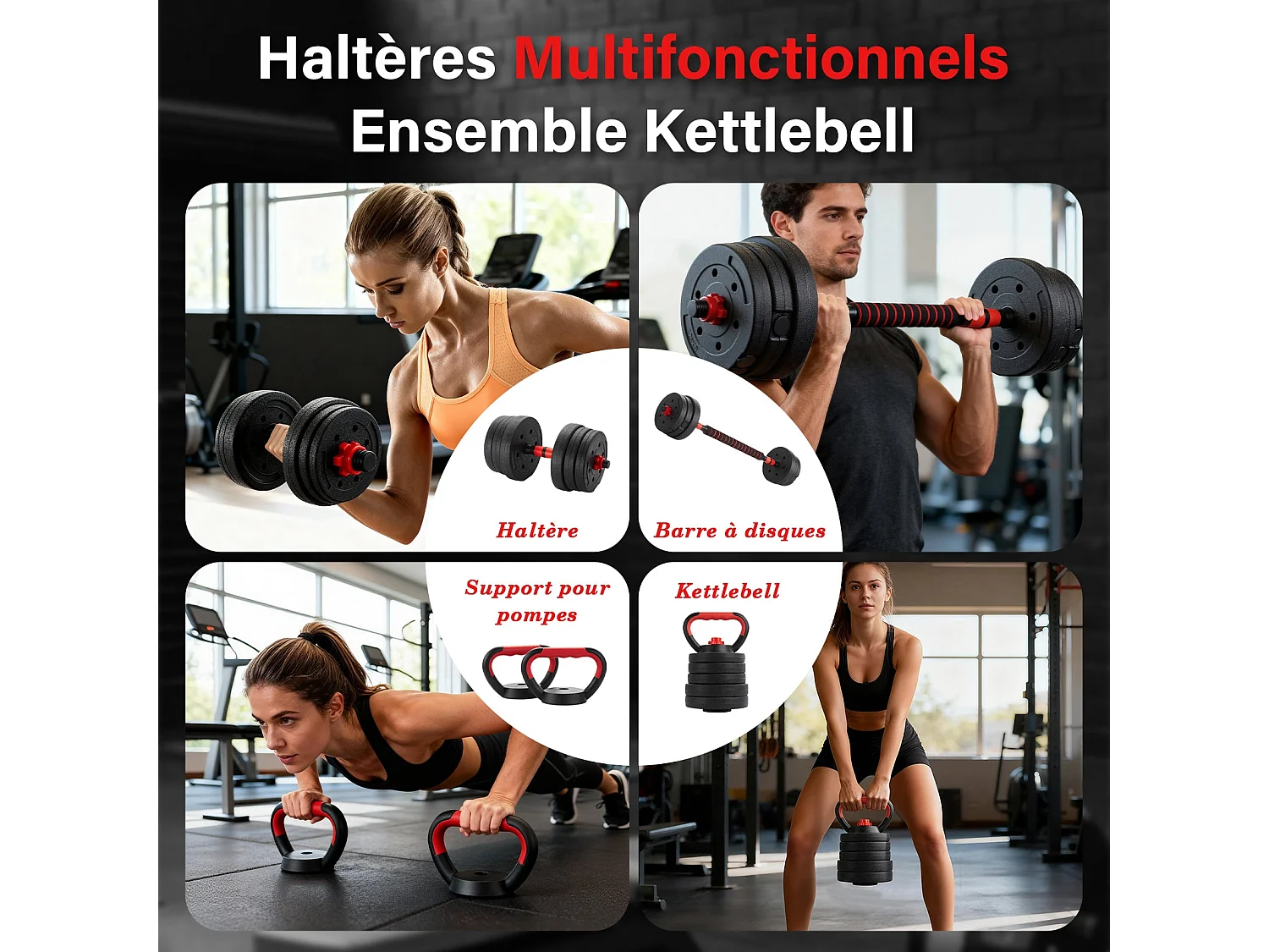 Ensemble d'haltères réglables 6 en 1 de 30 kg, comprenant des kettlebells, des haltères, des barres
