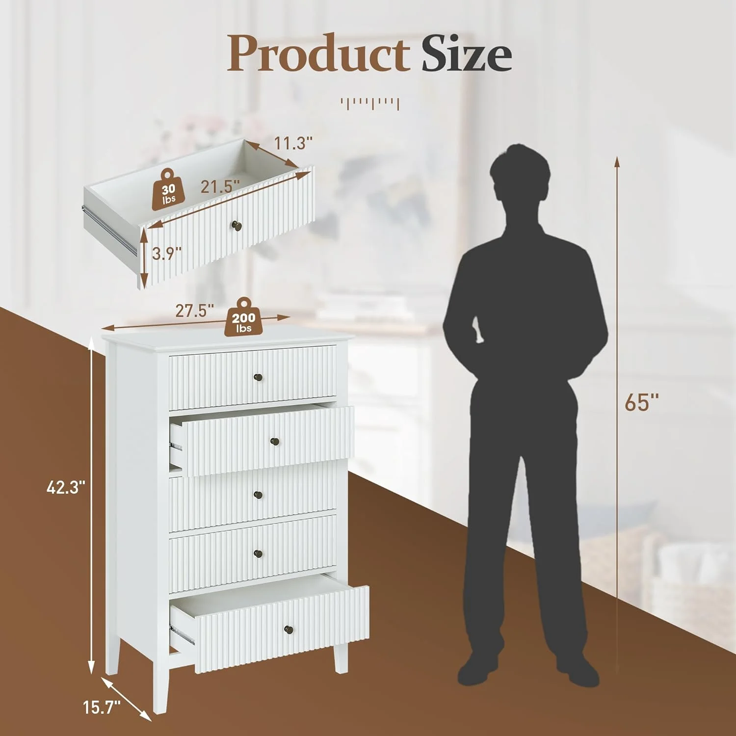 Heynemo Beige 6 Drawer Dresser, Fluted Modern Wood Chest - Image 82