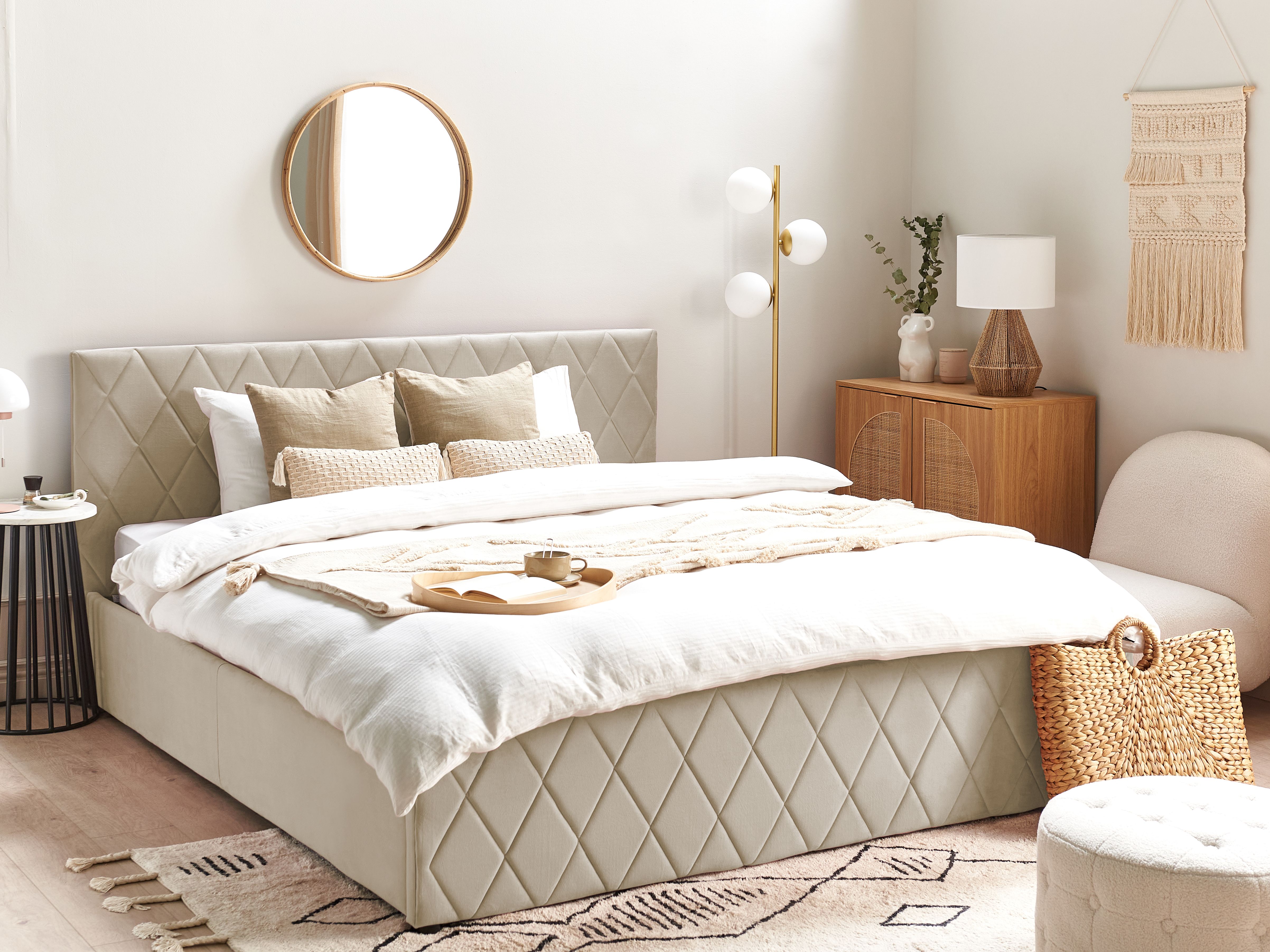 Ottoman Bed Velvet ROCHEFORT 180 x 200 cm (EU Super King) Beige