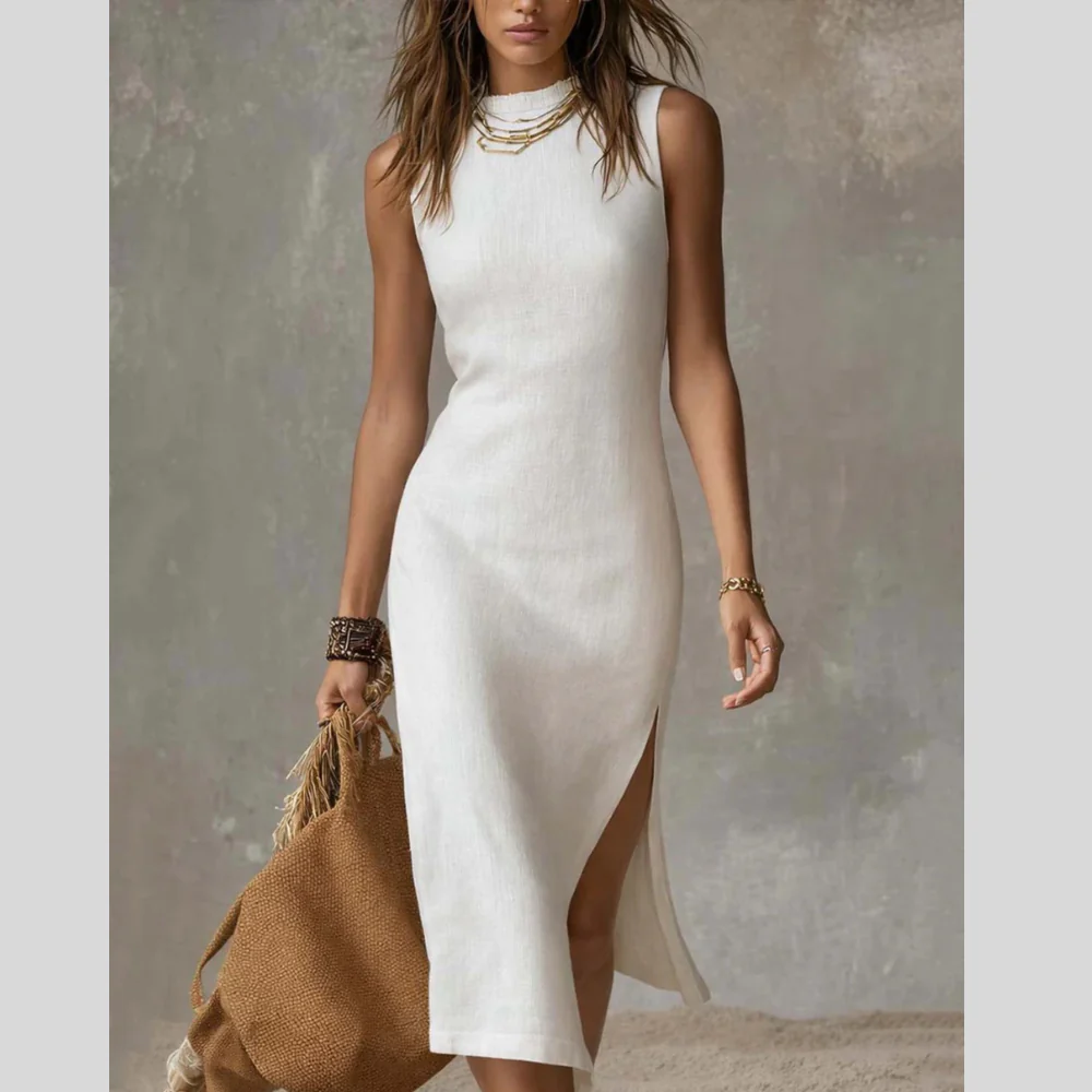 Full Size Sleeveless Mock Neck Slit Midi Dress Plus Size - ZKZOOK