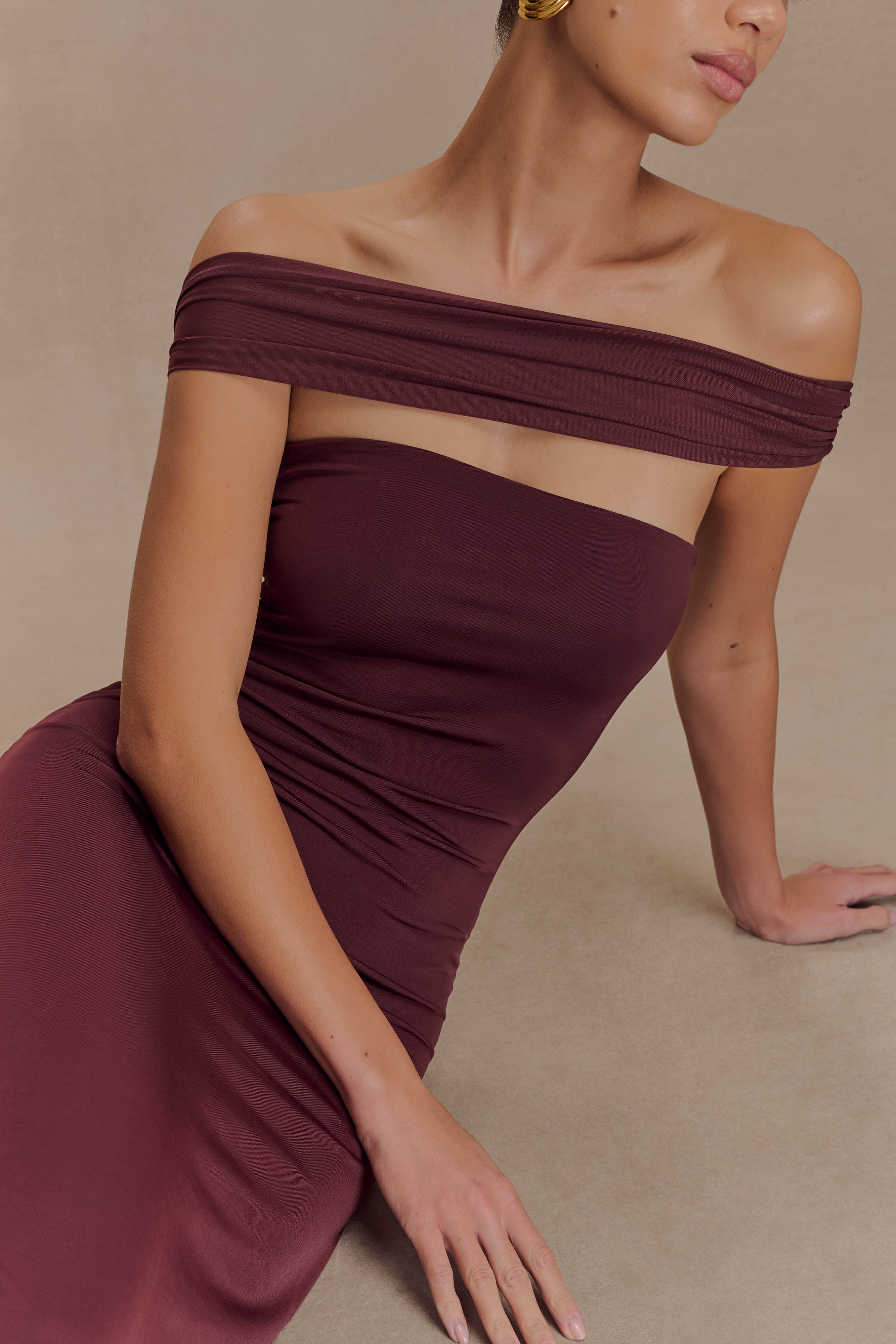 Aurora Slinky And Mesh Split Maxi Dress - Mahogany