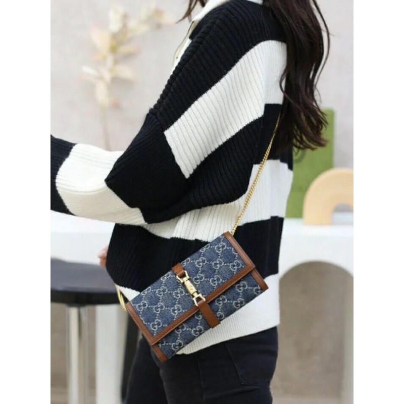 Replica Gucci Jackie 1961 Chain Wallet 652681 In Blue Denim1:1High-quality replica